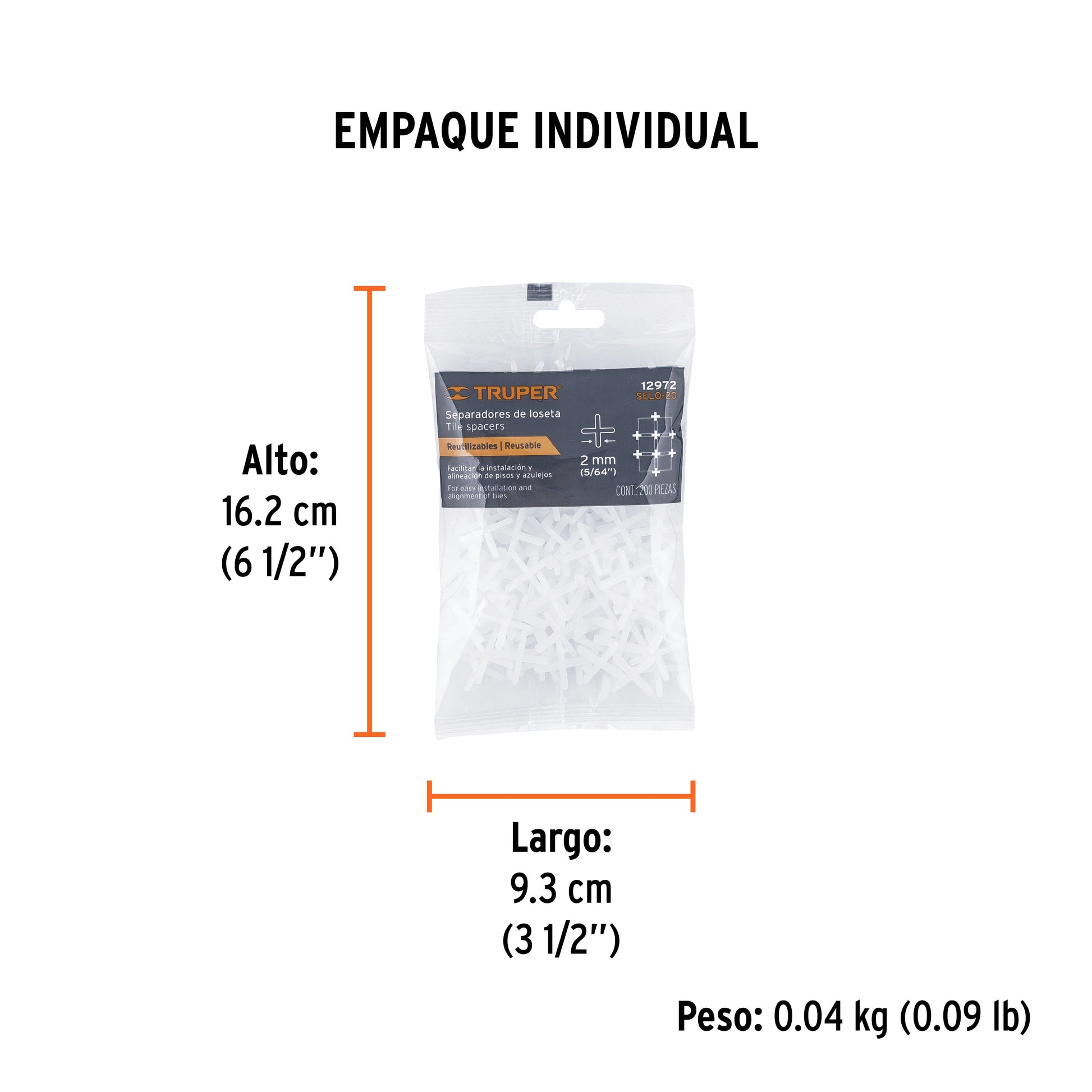 Bolsa con 200 separadores de 2 mm de losetas, TRUPER - Empaque