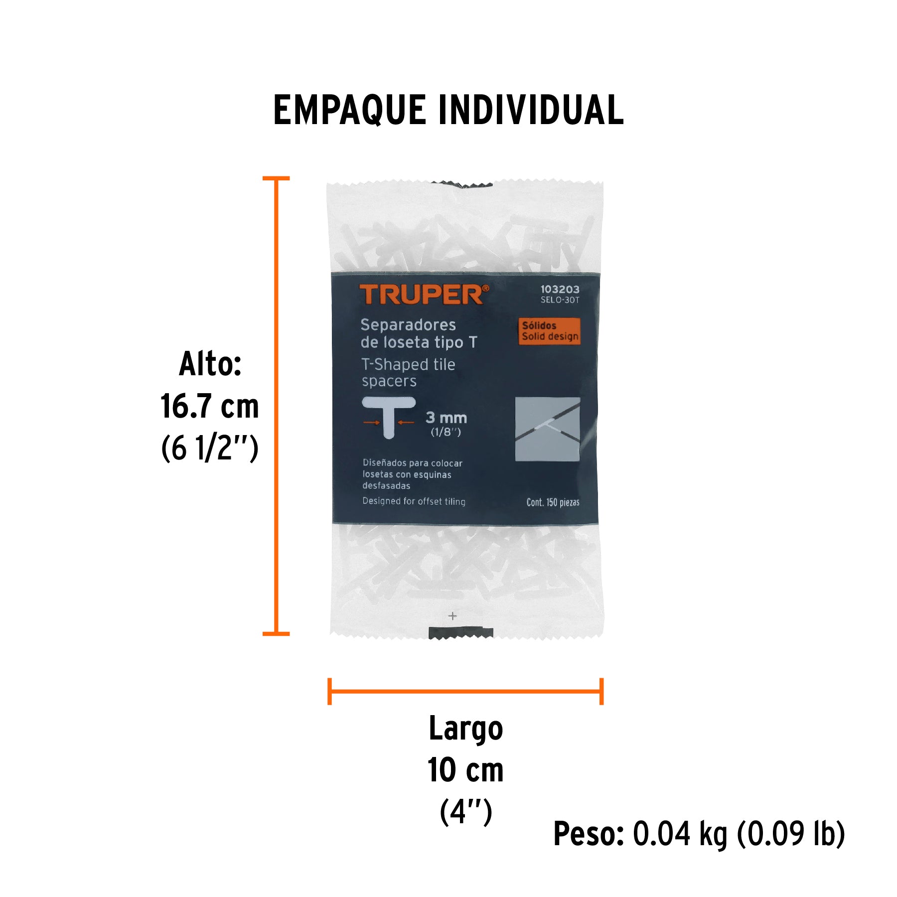 Bolsa con 150 separadores "T" de 3 mm de losetas, TRUPER - Empaque