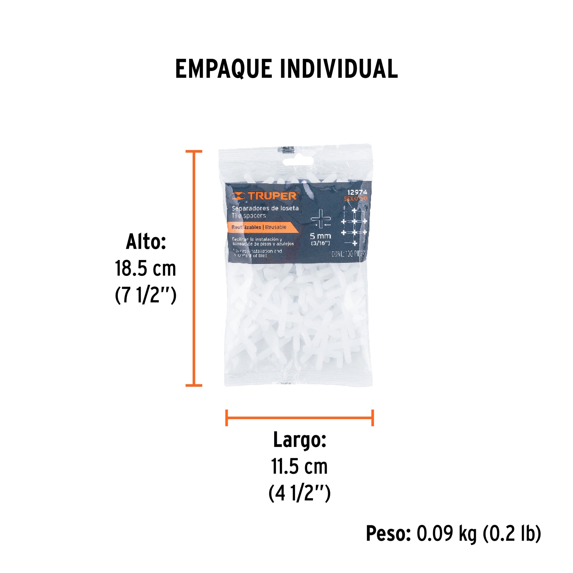 Bolsa con 100 separadores de 5 mm de losetas, TRUPER - Empaque