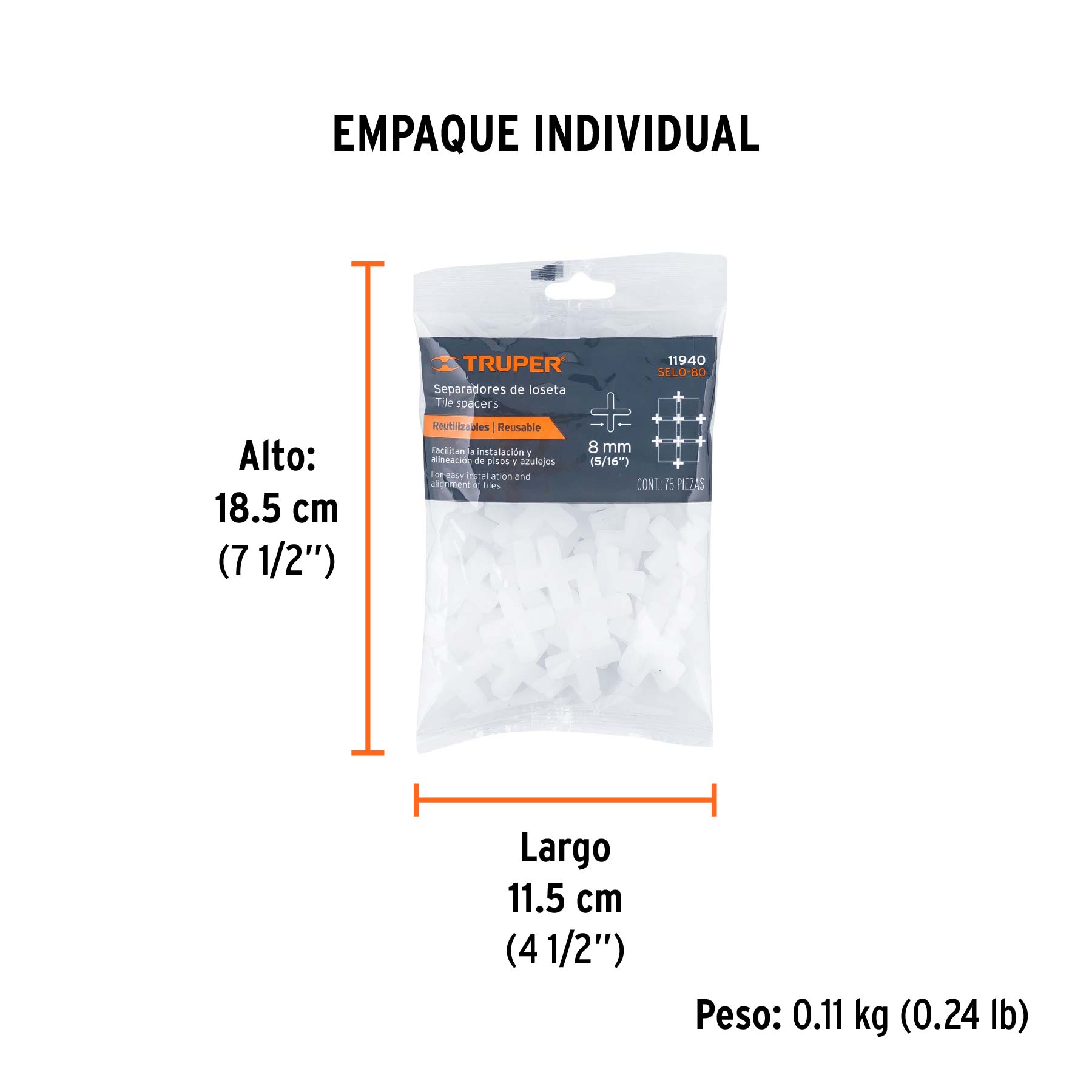 Bolsa con 75 separadores de 8 mm de losetas, TRUPER - Empaque