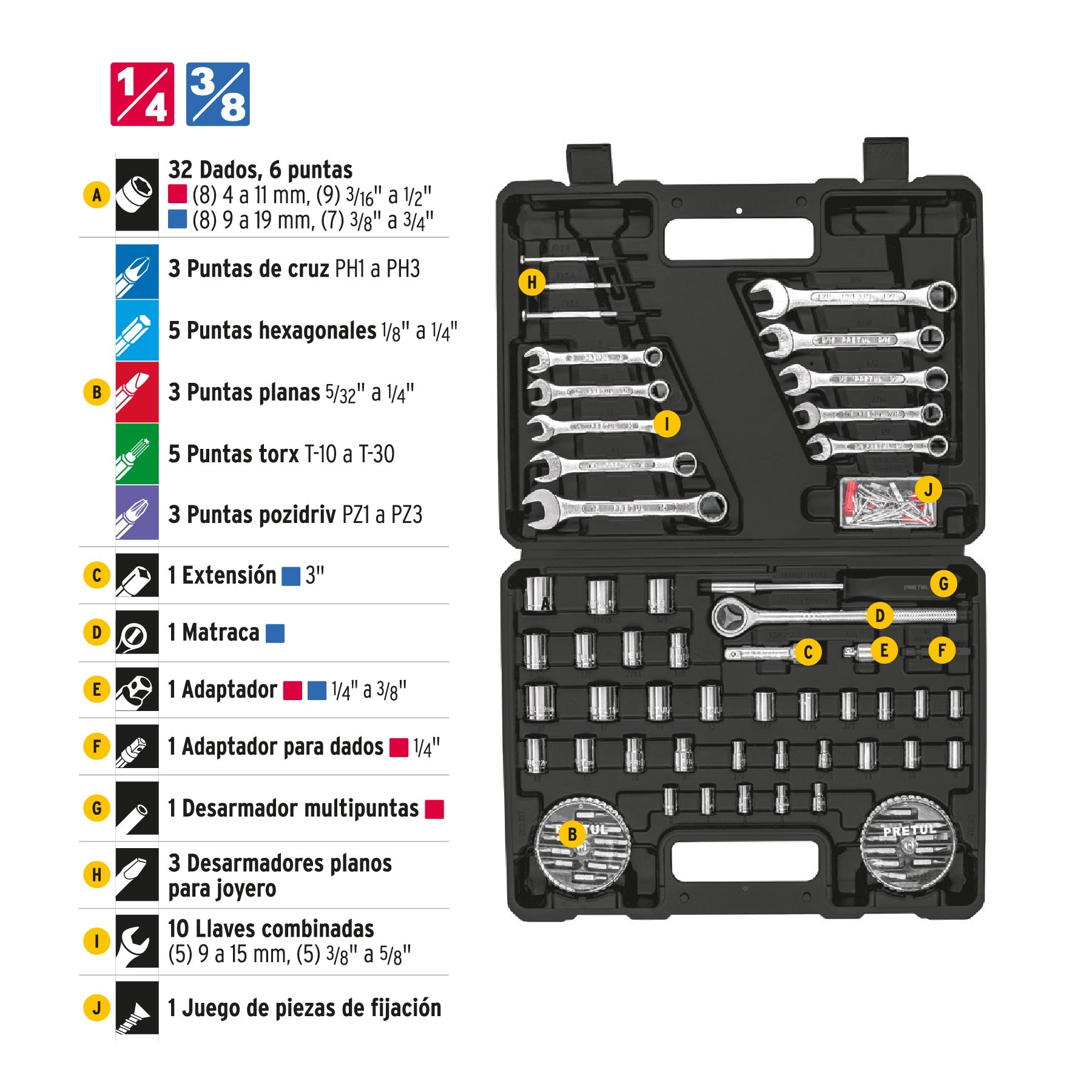 Juego de 71 herramientas 1/4" y 3/8" para mecánico, PRETUL