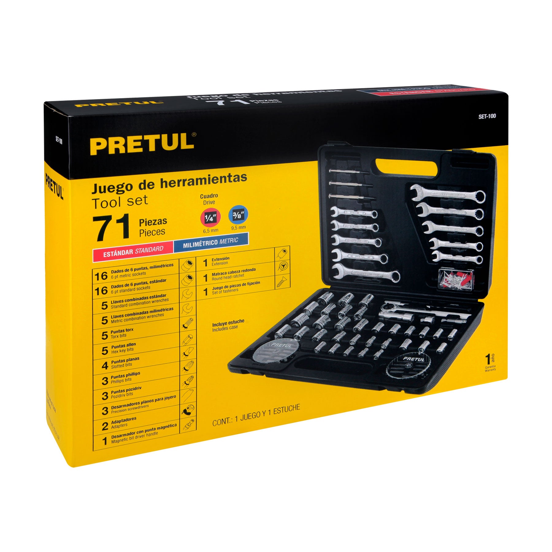 Juego de 71 herramientas 1/4" y 3/8" para mecánico, PRETUL