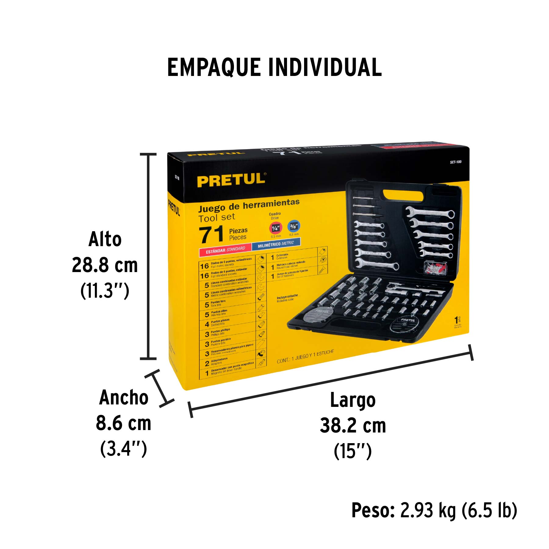 Juego de 71 herramientas 1/4" y 3/8" para mecánico, PRETUL - Empaque