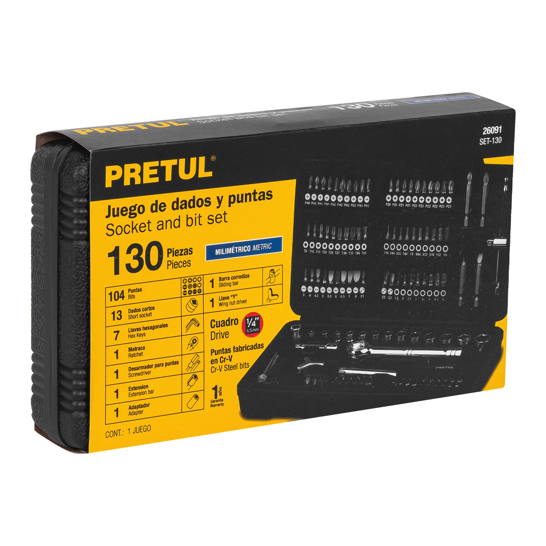 Juego de 130 herramientas 1/4" para mecánico, PRETUL