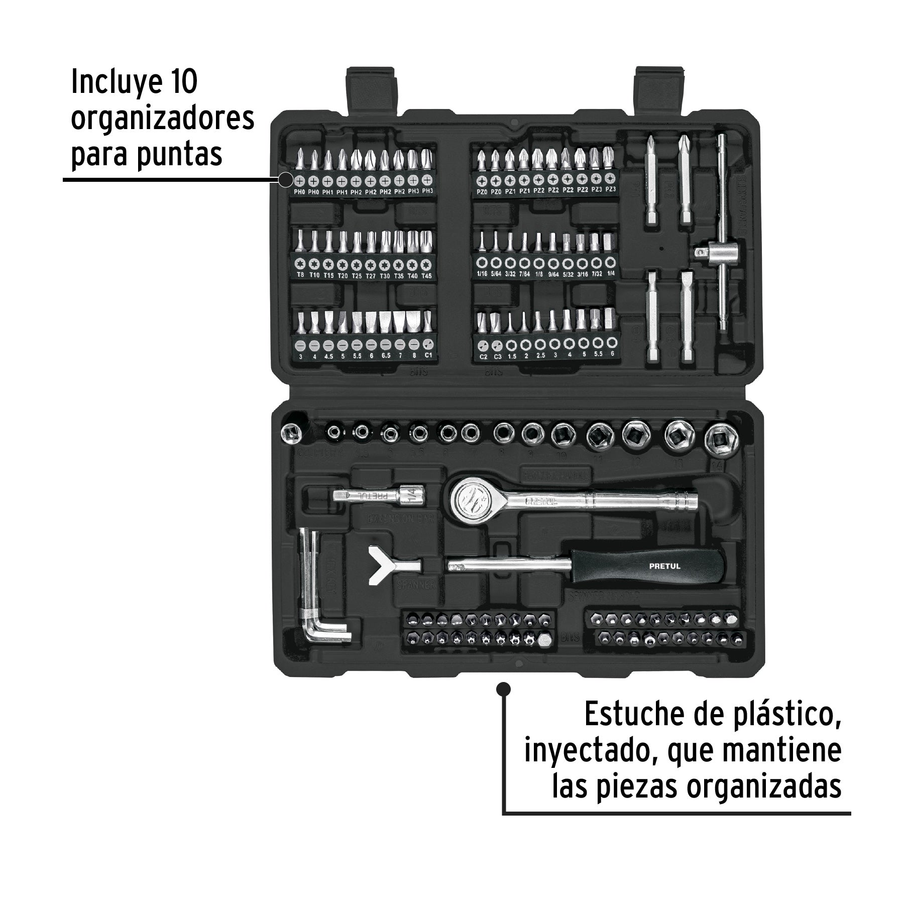 Juego de 130 herramientas 1/4" para mecánico, PRETUL