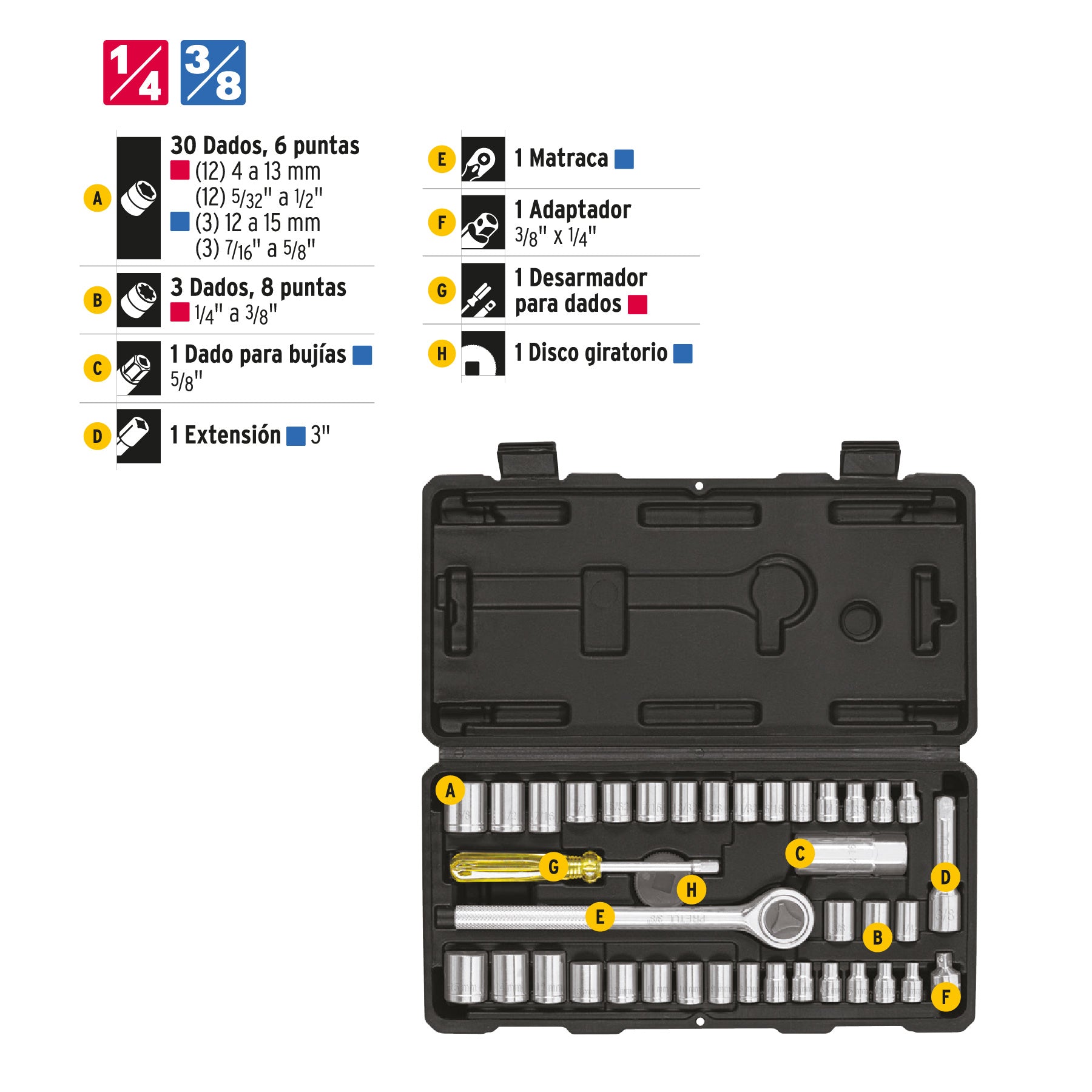 Juego de 39 herramientas 1/4" y 3/8" para mecánico, PRETUL