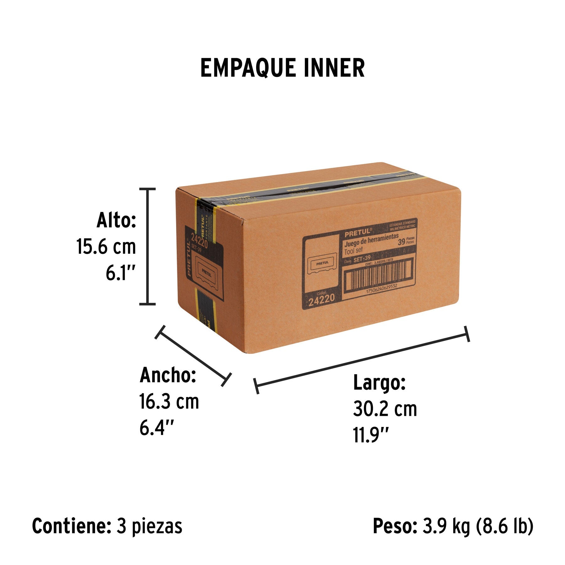 Juego de 39 herramientas 1/4" y 3/8" para mecánico, PRETUL - Empaque