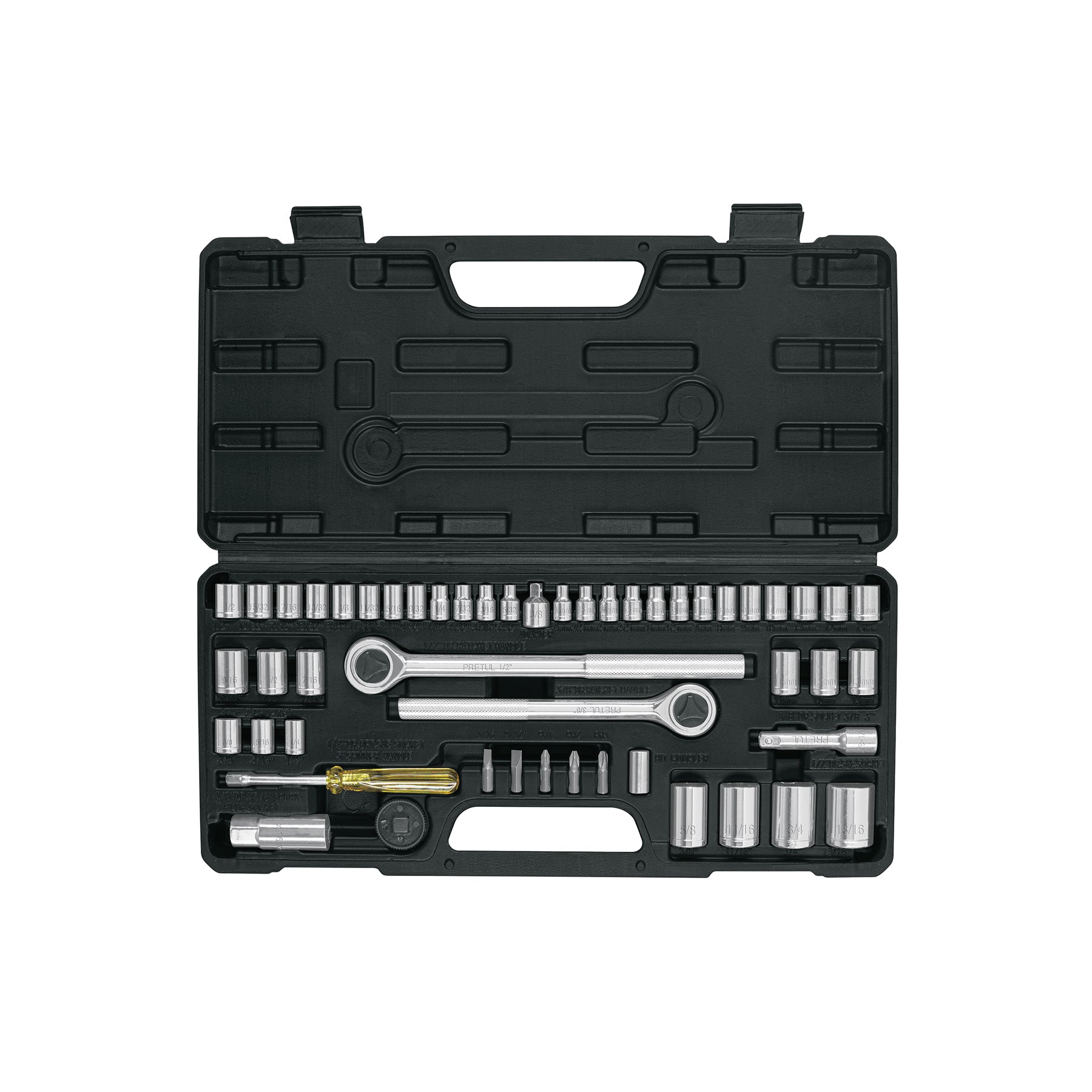 Juego 51 herramientas 1/4", 3/8" y 1/2" p/mecánico, PRETUL