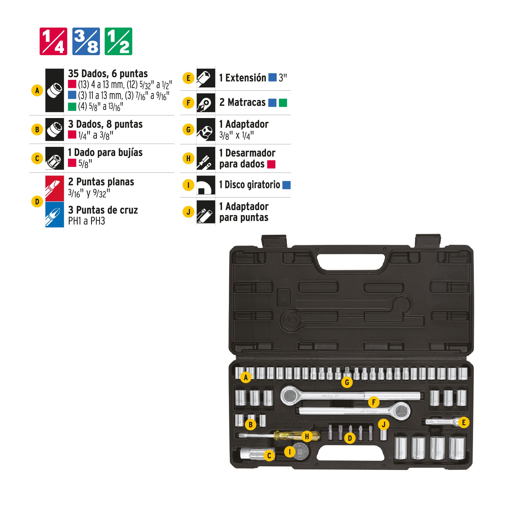Juego 51 herramientas 1/4", 3/8" y 1/2" p/mecánico, PRETUL