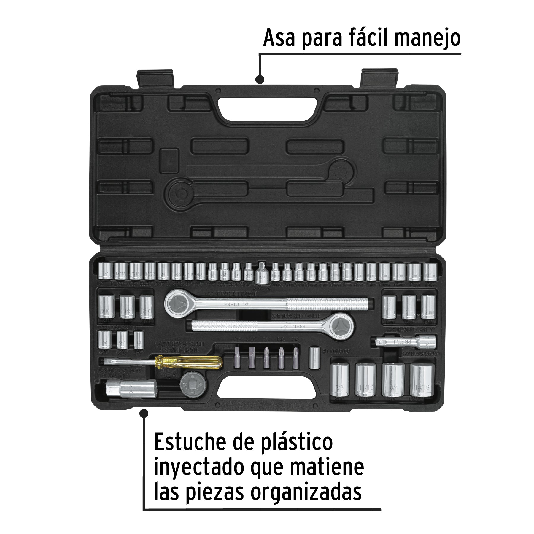Juego 51 herramientas 1/4", 3/8" y 1/2" p/mecánico, PRETUL