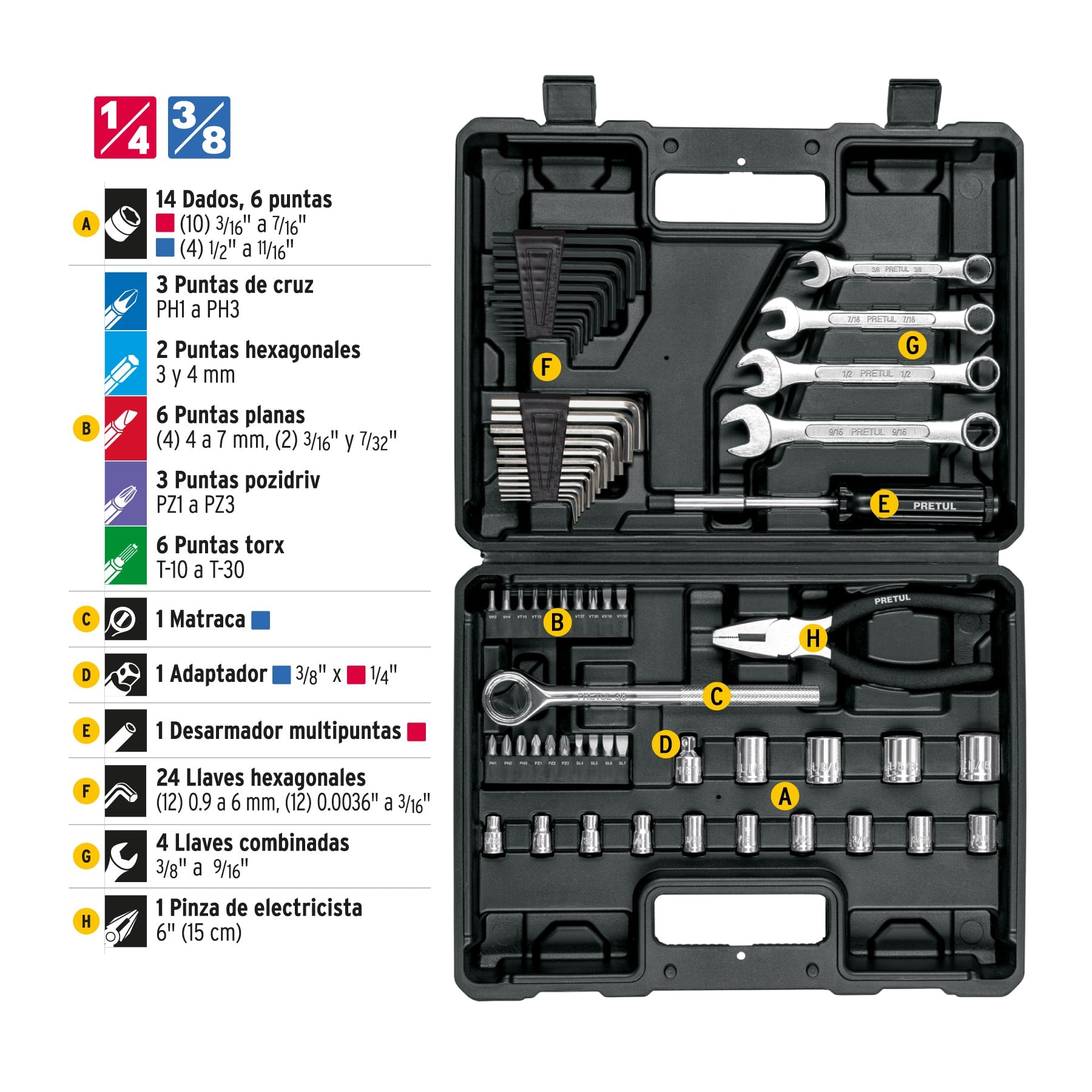 Juego de 66 herramientas 1/4" y 3/8" para mecánico, PRETUL