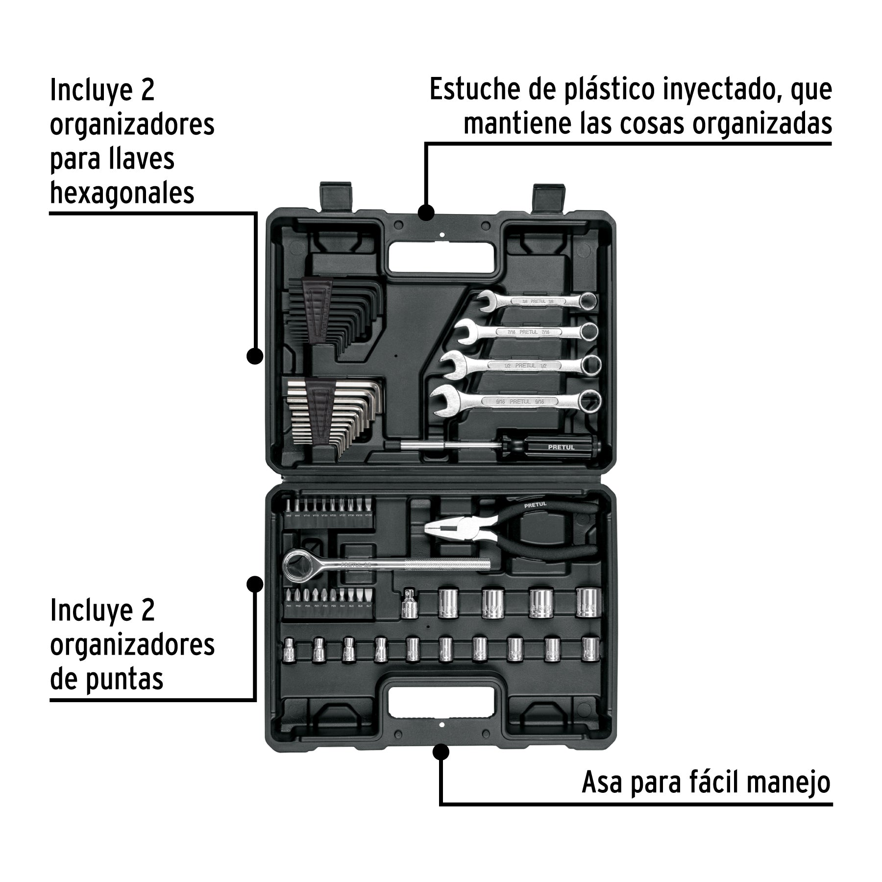 Juego de 66 herramientas 1/4" y 3/8" para mecánico, PRETUL