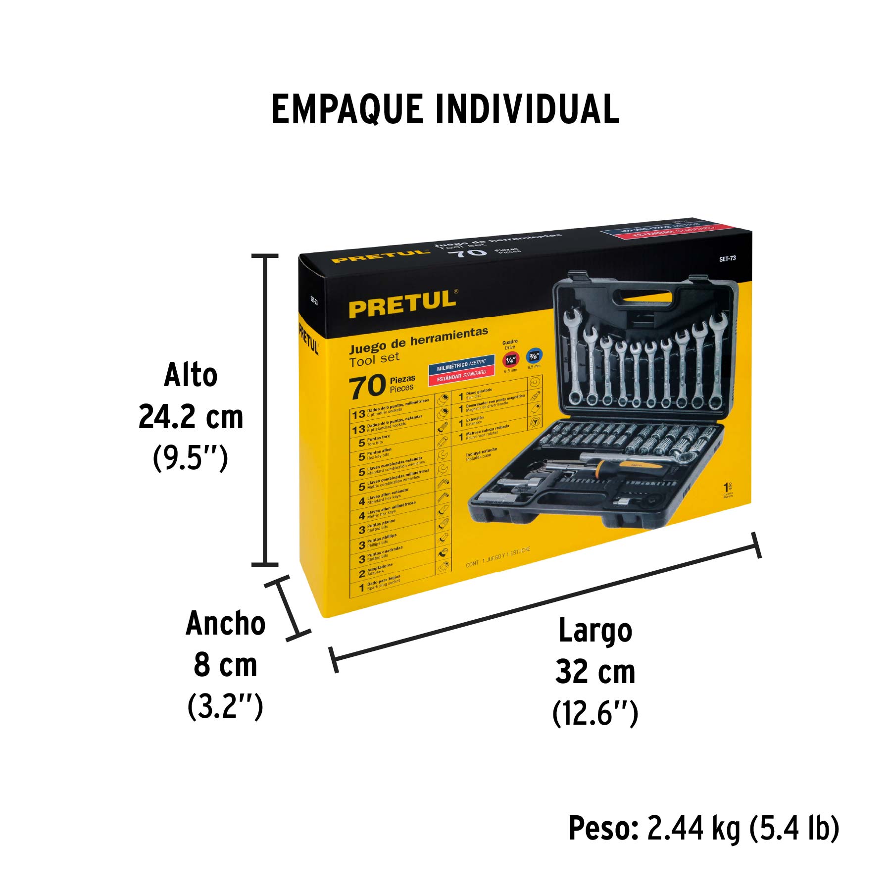 Juego de 70 herramientas 1/4" y 3/8" para mecánico, PRETUL - Empaque