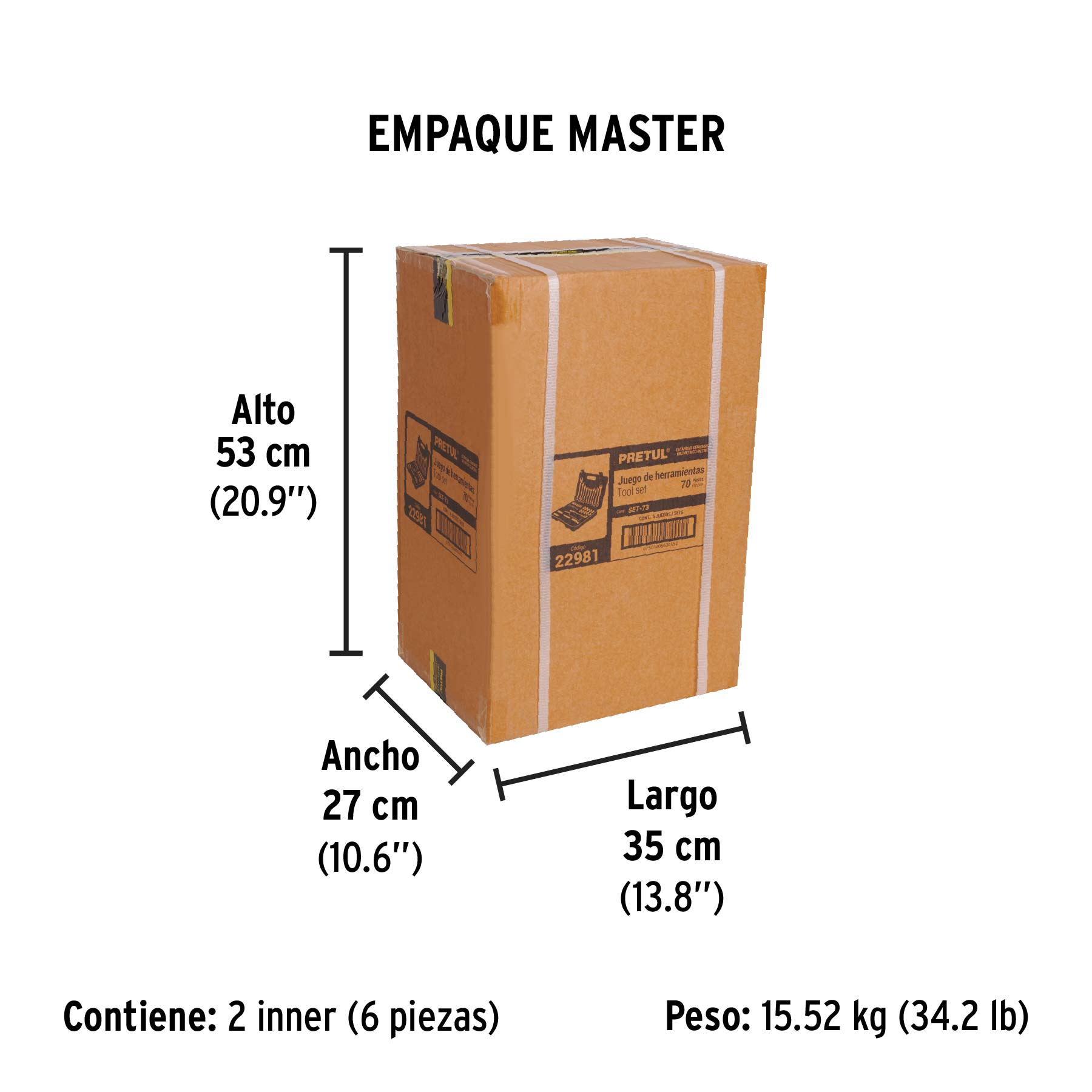 Juego de 70 herramientas 1/4" y 3/8" para mecánico, PRETUL - Empaque