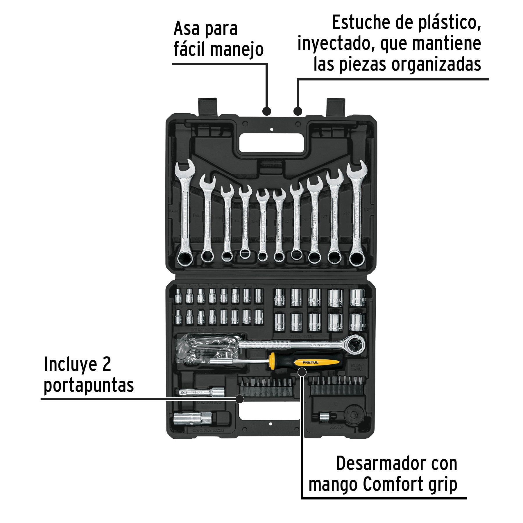 Juego de 70 herramientas 1/4" y 3/8" para mecánico, PRETUL