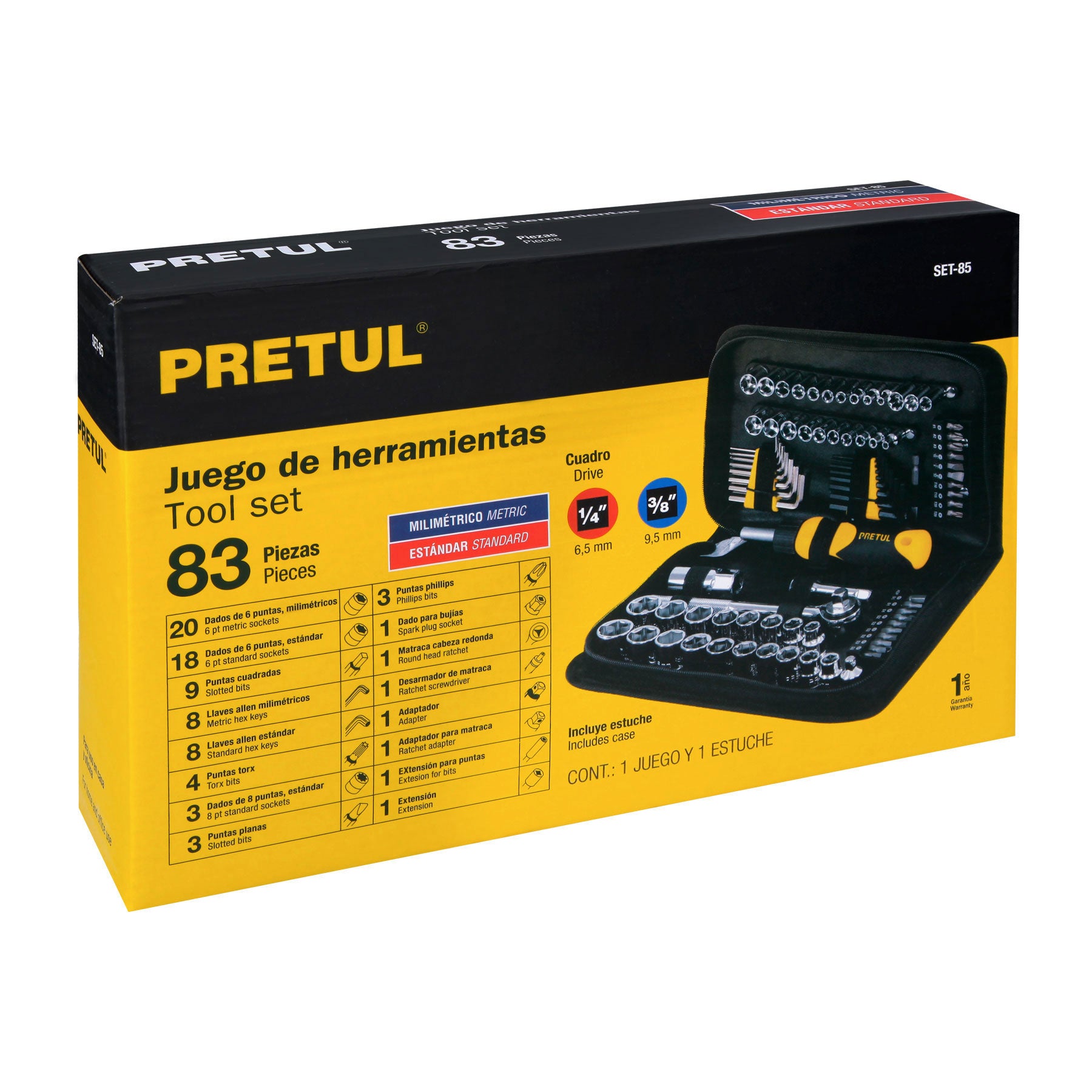 Juego de 83 herramientas 1/4" y 3/8" para mecánico, PRETUL