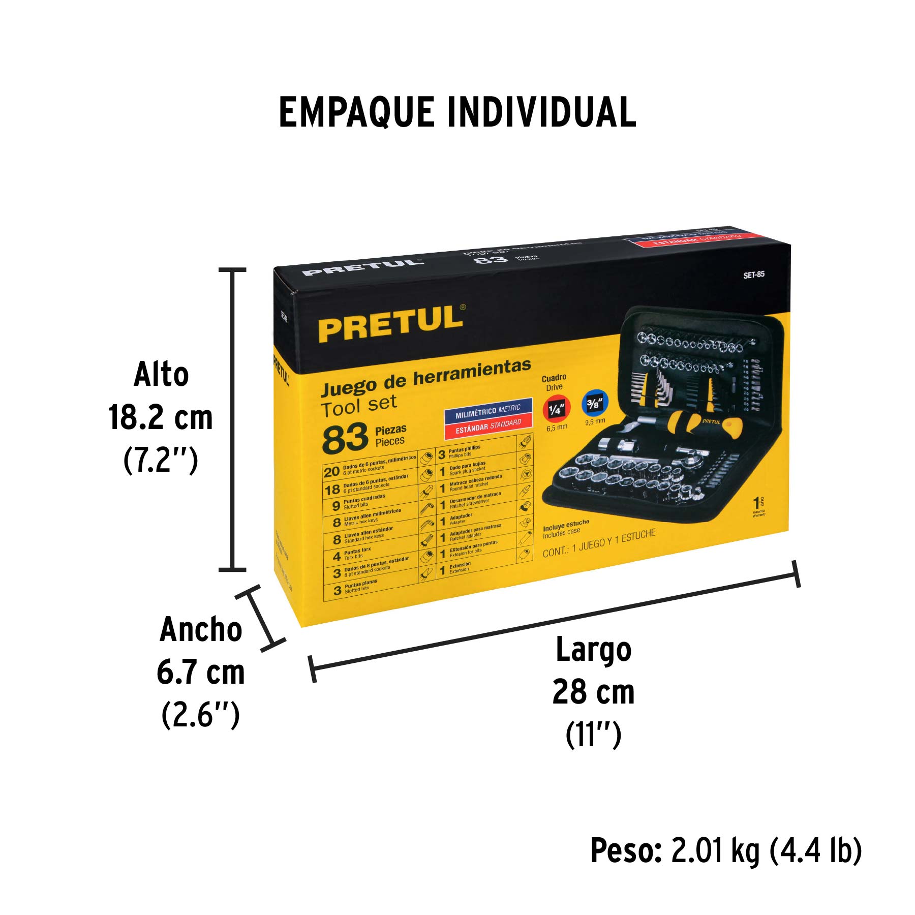 Juego de 83 herramientas 1/4" y 3/8" para mecánico, PRETUL - Empaque