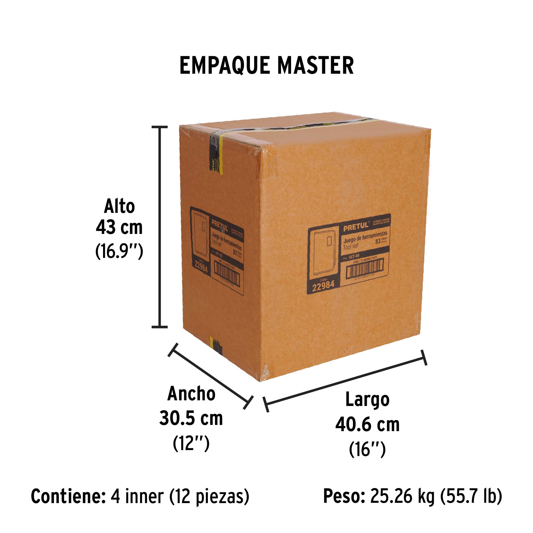 Juego de 83 herramientas 1/4" y 3/8" para mecánico, PRETUL - Empaque