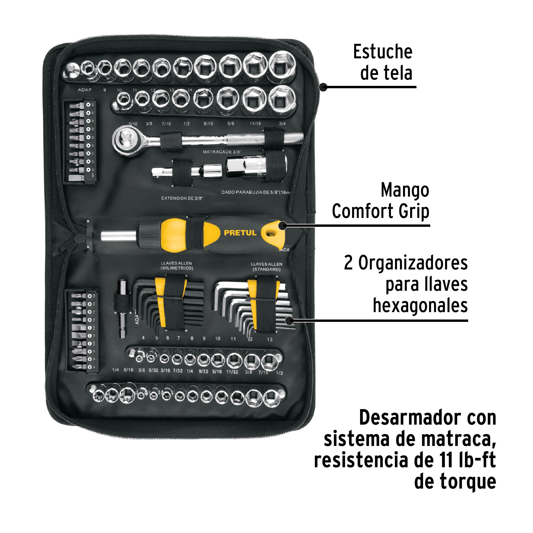 Juego de 83 herramientas 1/4" y 3/8" para mecánico, PRETUL