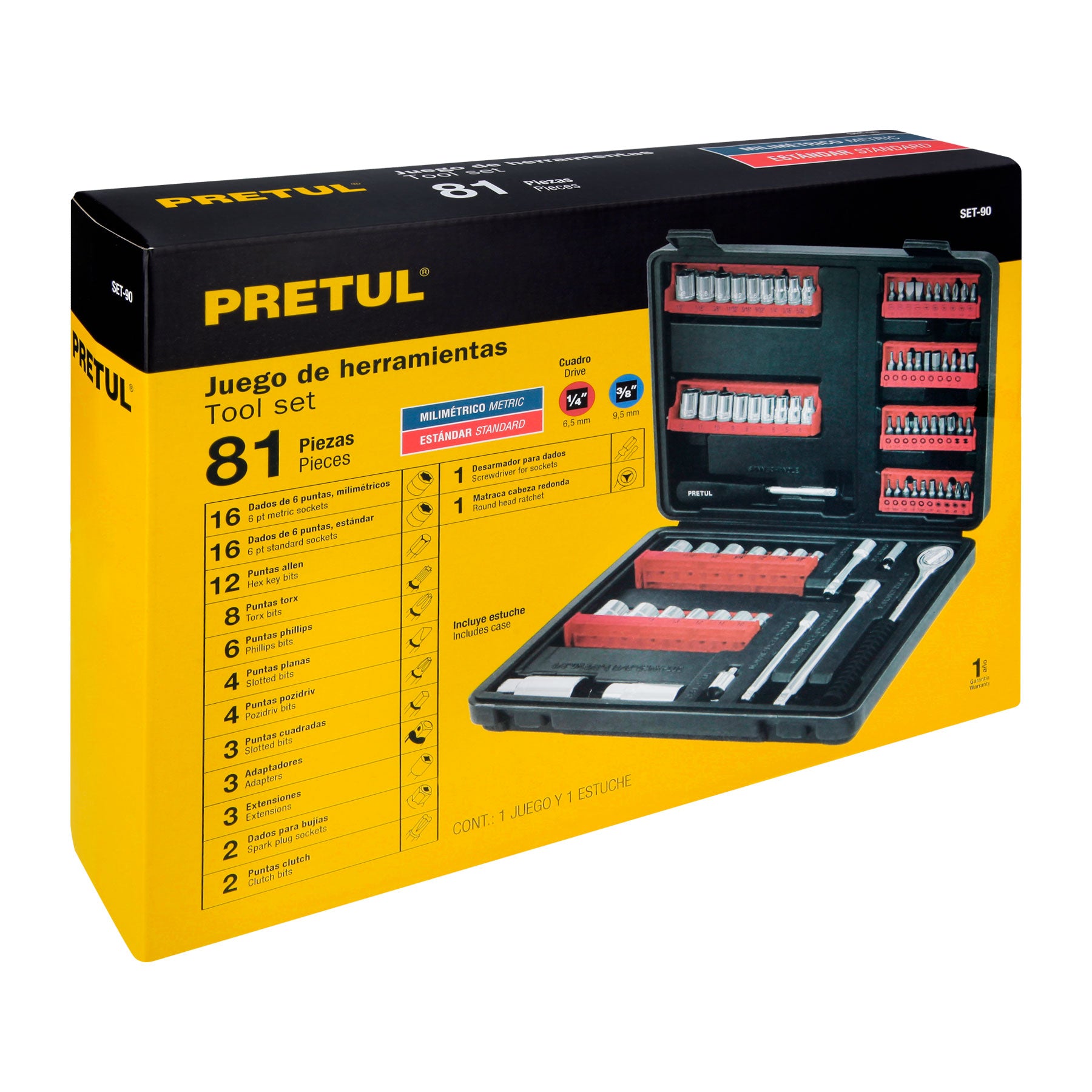 Juego de 81 herramientas 1/4" y 3/8" para mecánico, PRETUL