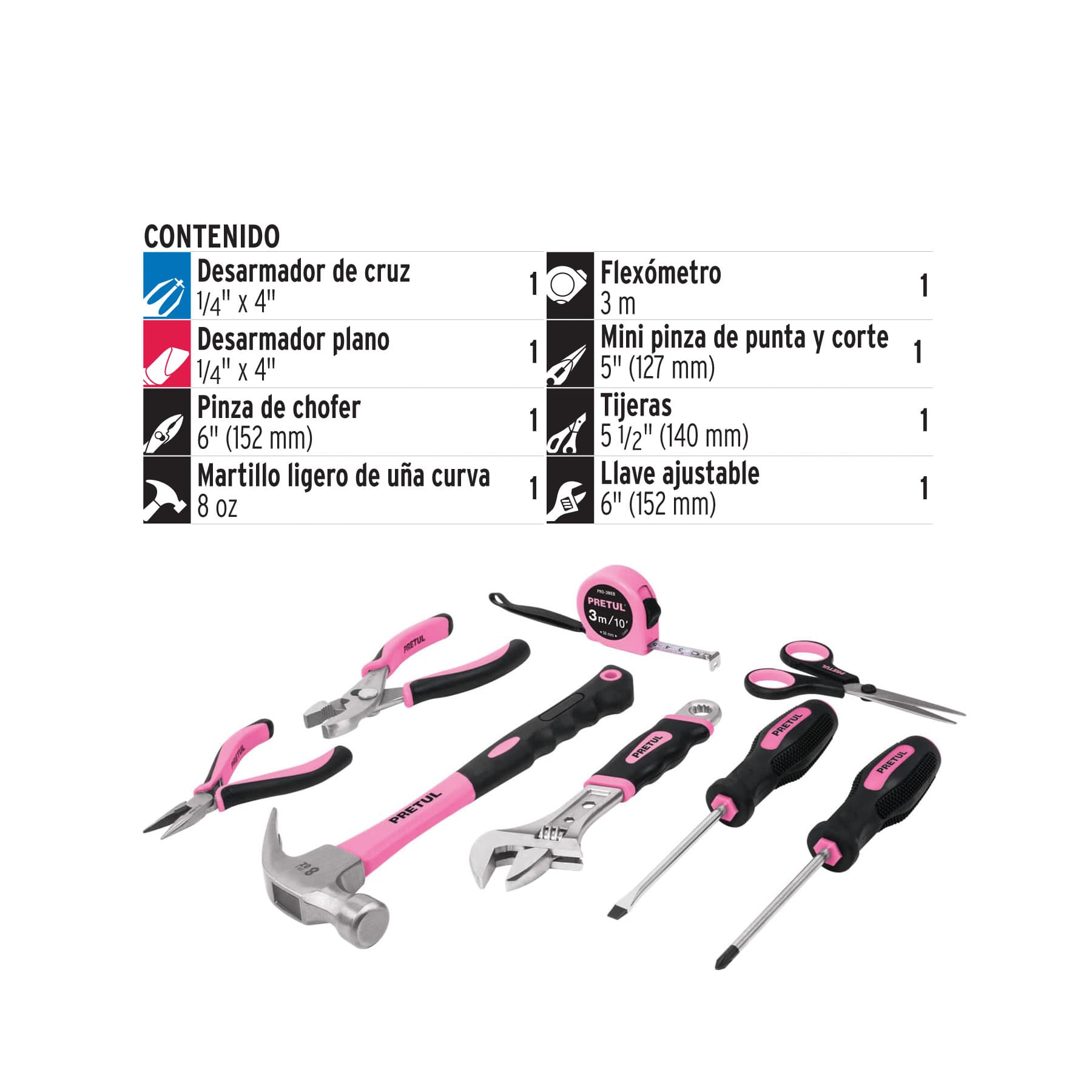 Juego de herramientas básicas, color rosa, 8 piezas, PRETUL