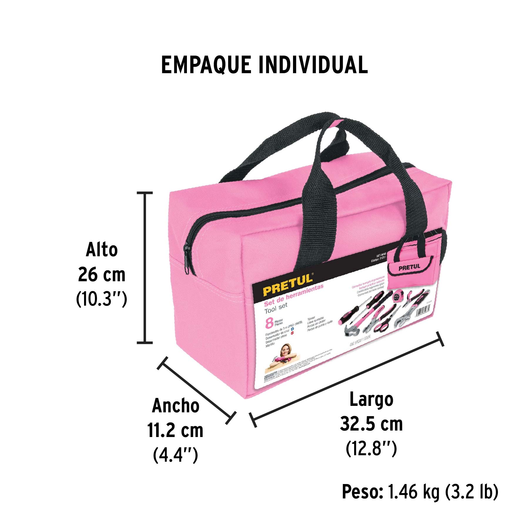 Juego de herramientas básicas, color rosa, 8 piezas, PRETUL - Empaque