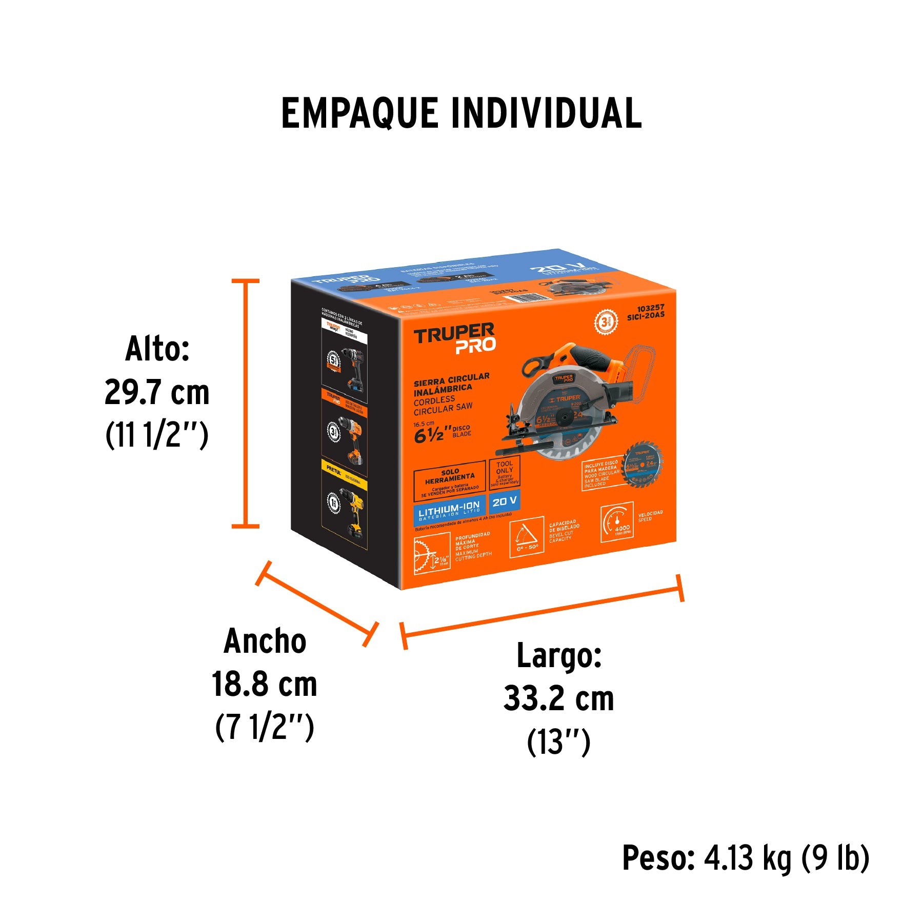 Sierra circular 6-1/2", 20V, sin accesorios, TRUPER PRO - Empaque