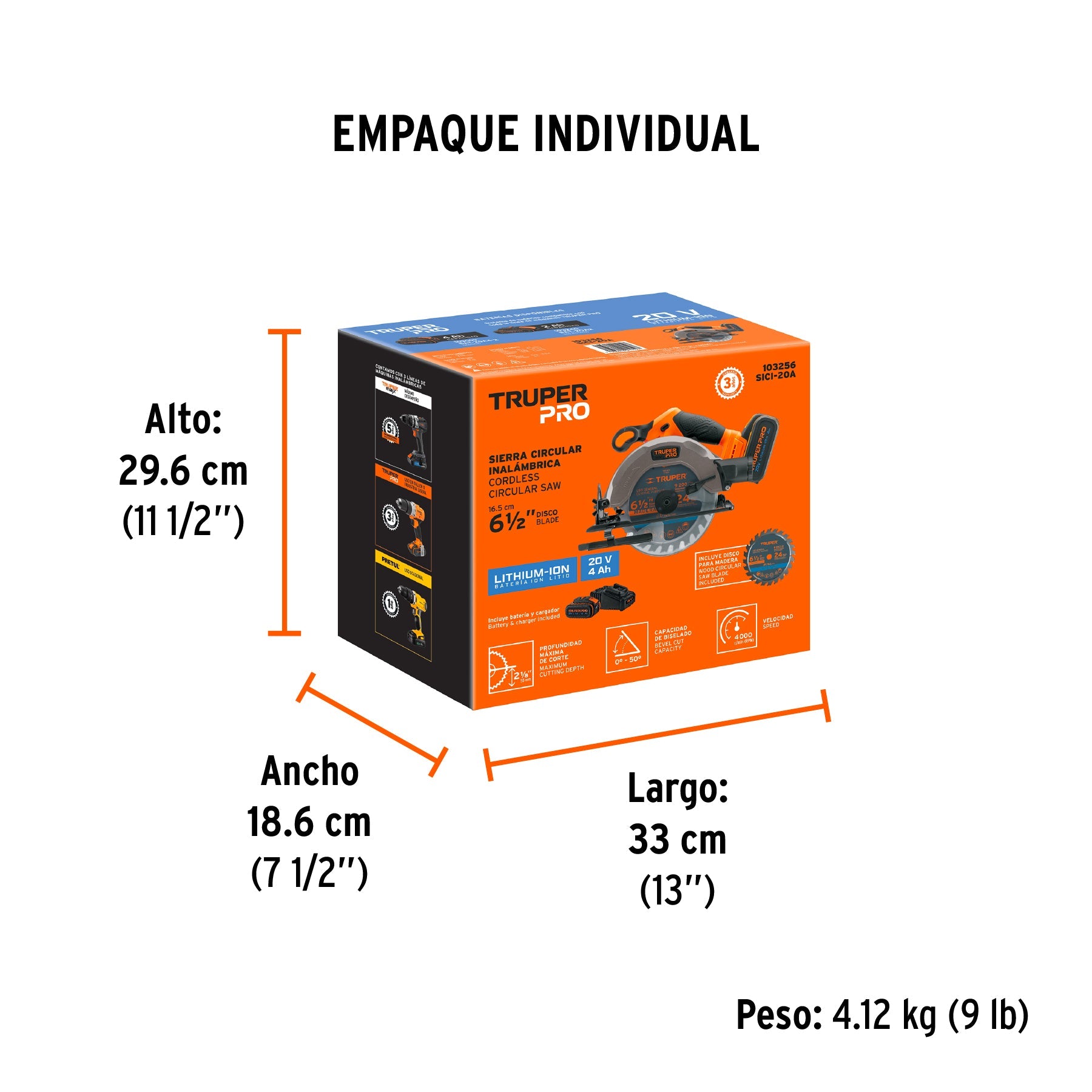 Sierra circular 6-1/2", 20V, 1 batería 4Ah, TRUPER PRO - Empaque