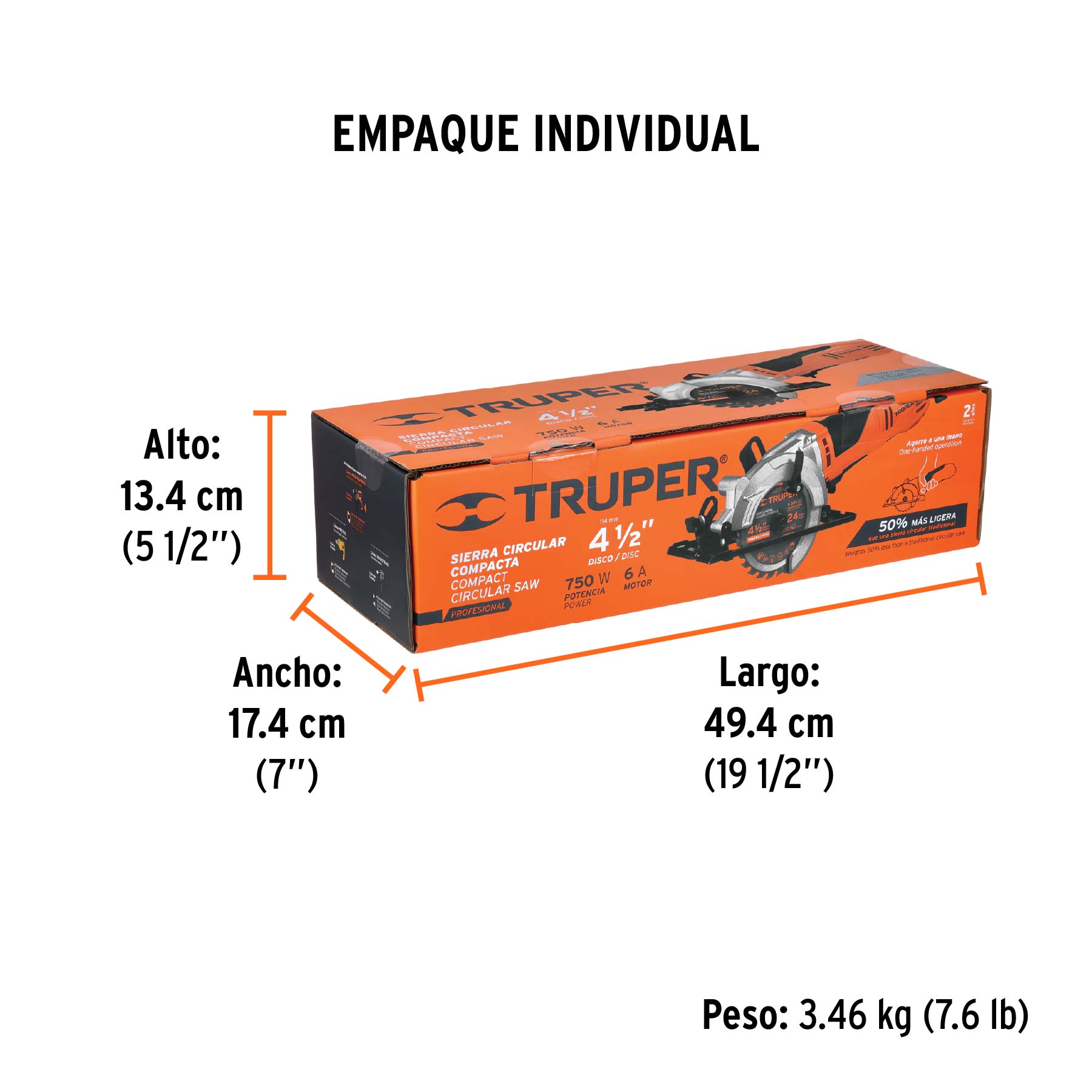 Sierra circular compacta 4-1/2", 750W, TRUPER PRO - Empaque