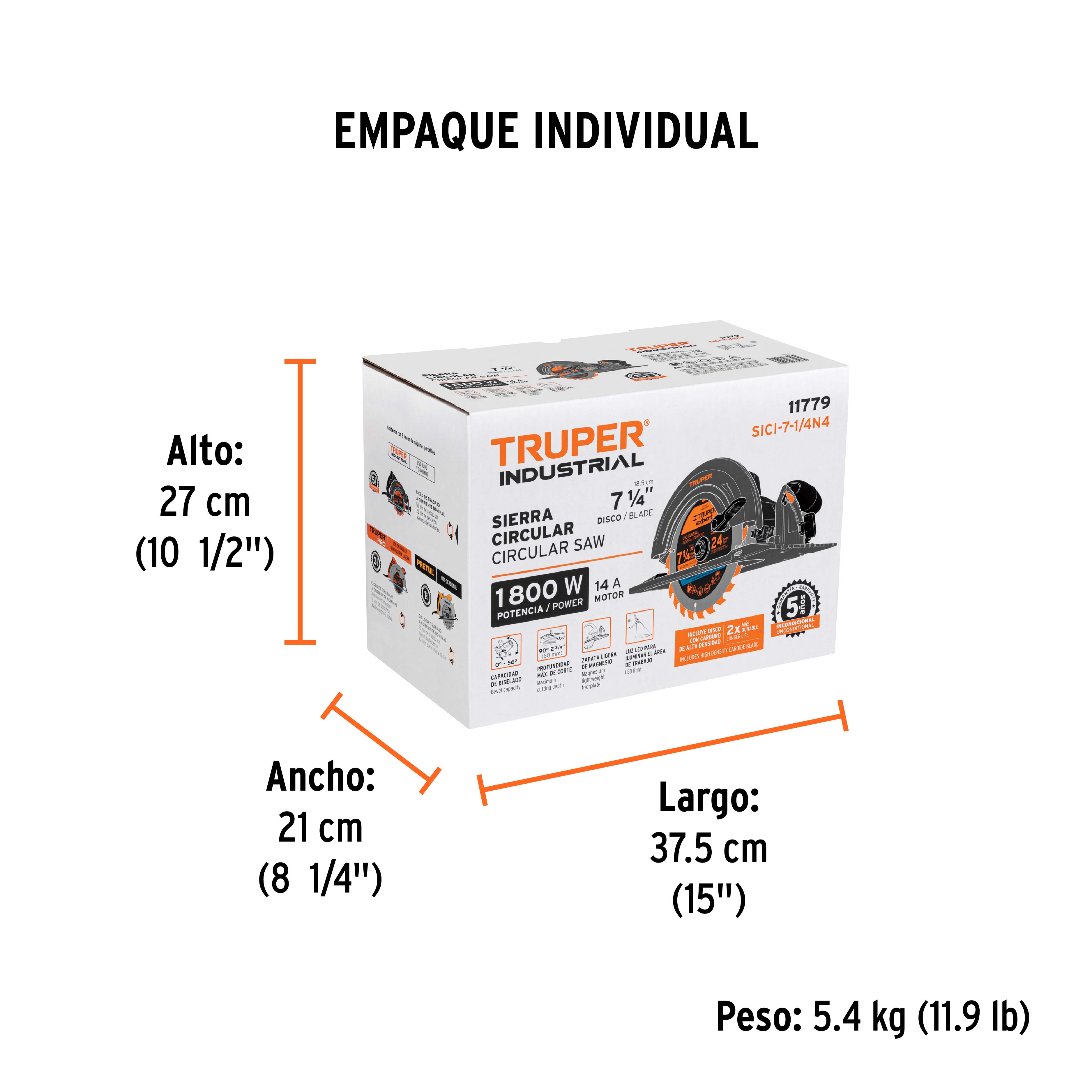 Sierra circular 7-1/4", 1800W, TRUPER INDUSTRIAL - Empaque