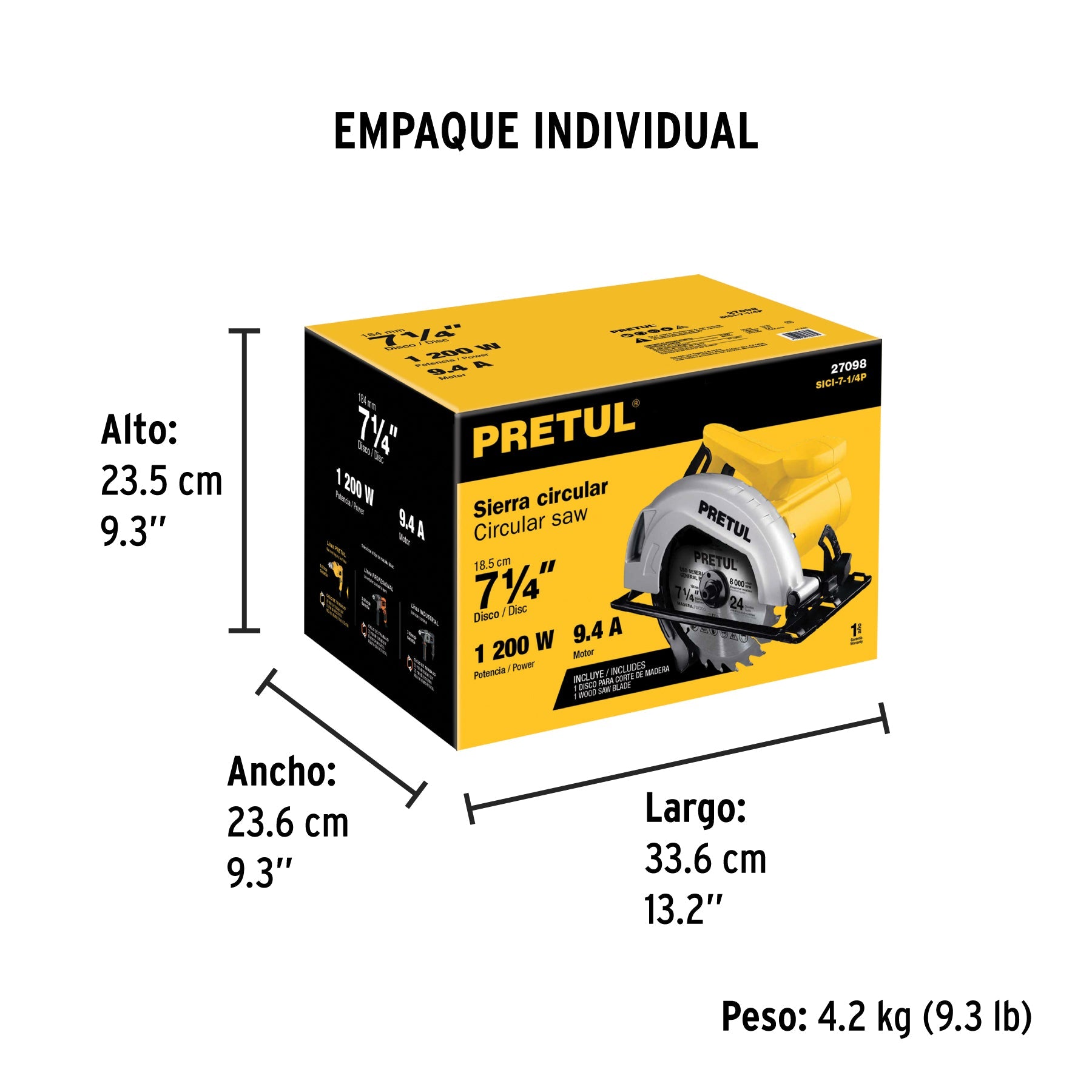 Sierra circular 7-1/4", 1200W, PRETUL - Empaque