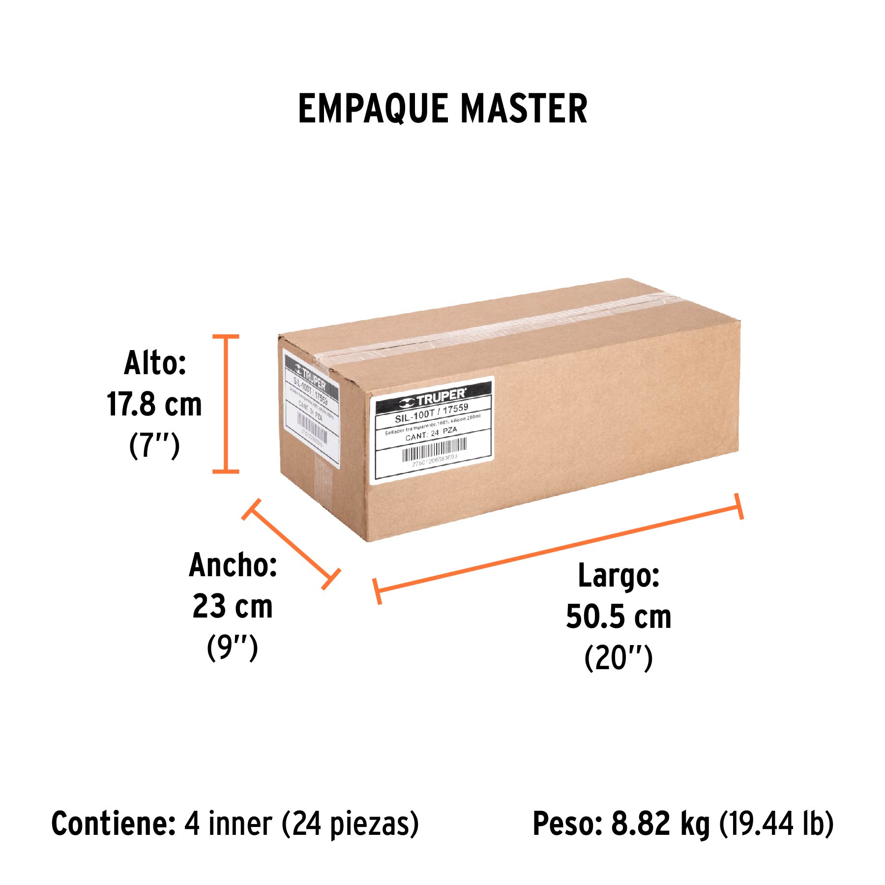 Sellador transparente 100% silicón de 280 ml, TRUPER - Empaque