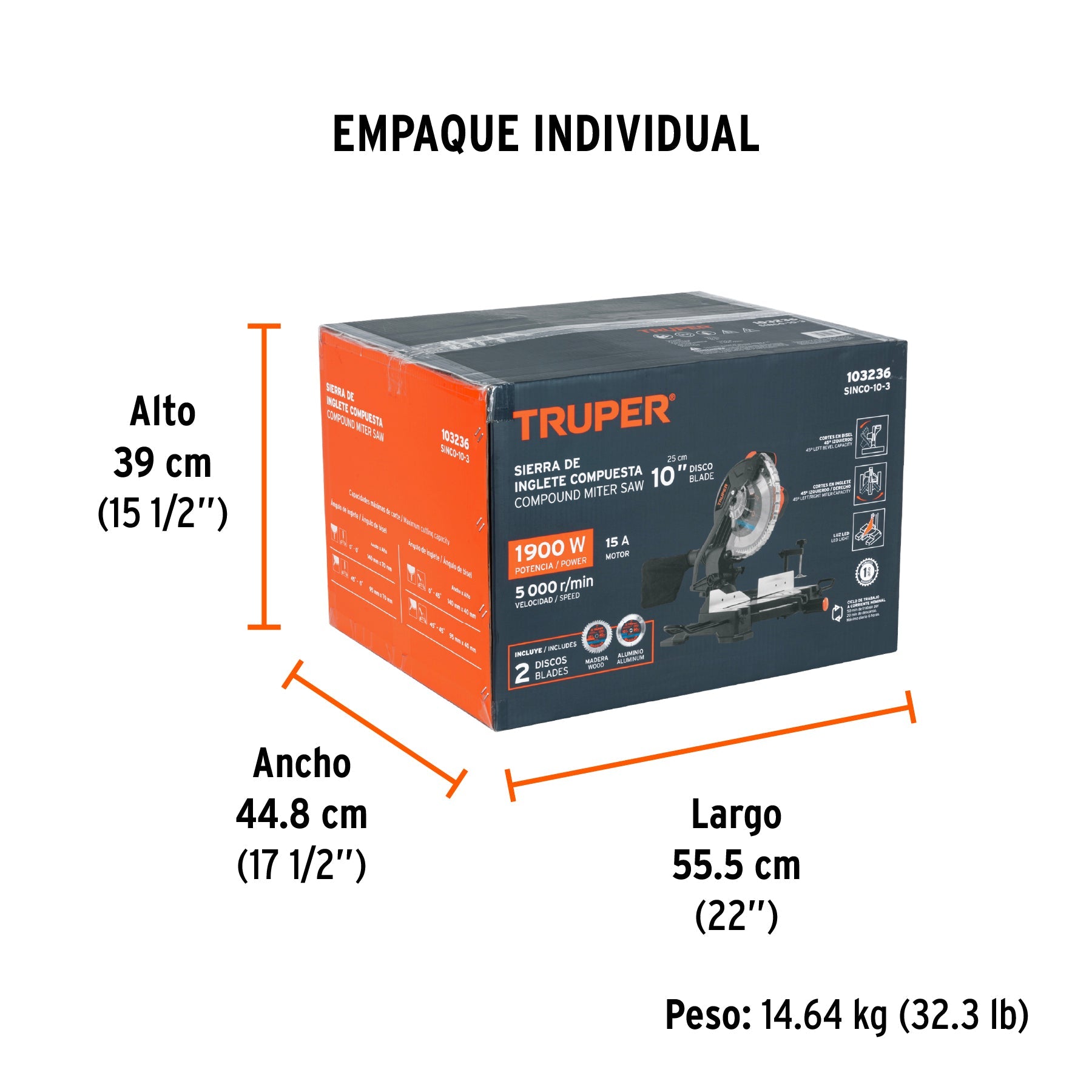 Sierra de inglete 10", 1900W compuesta, TRUPER - Empaque