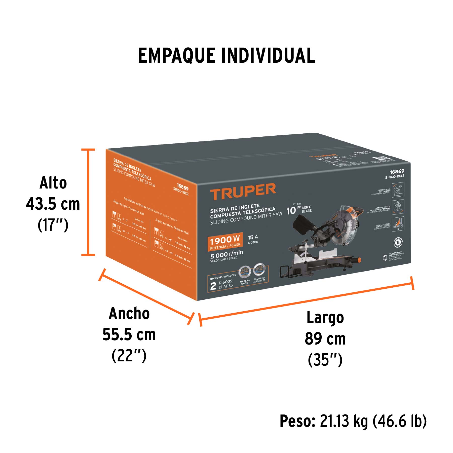 Sierra de inglete 10", 1900W telescópica compuesta, TRUPER - Empaque