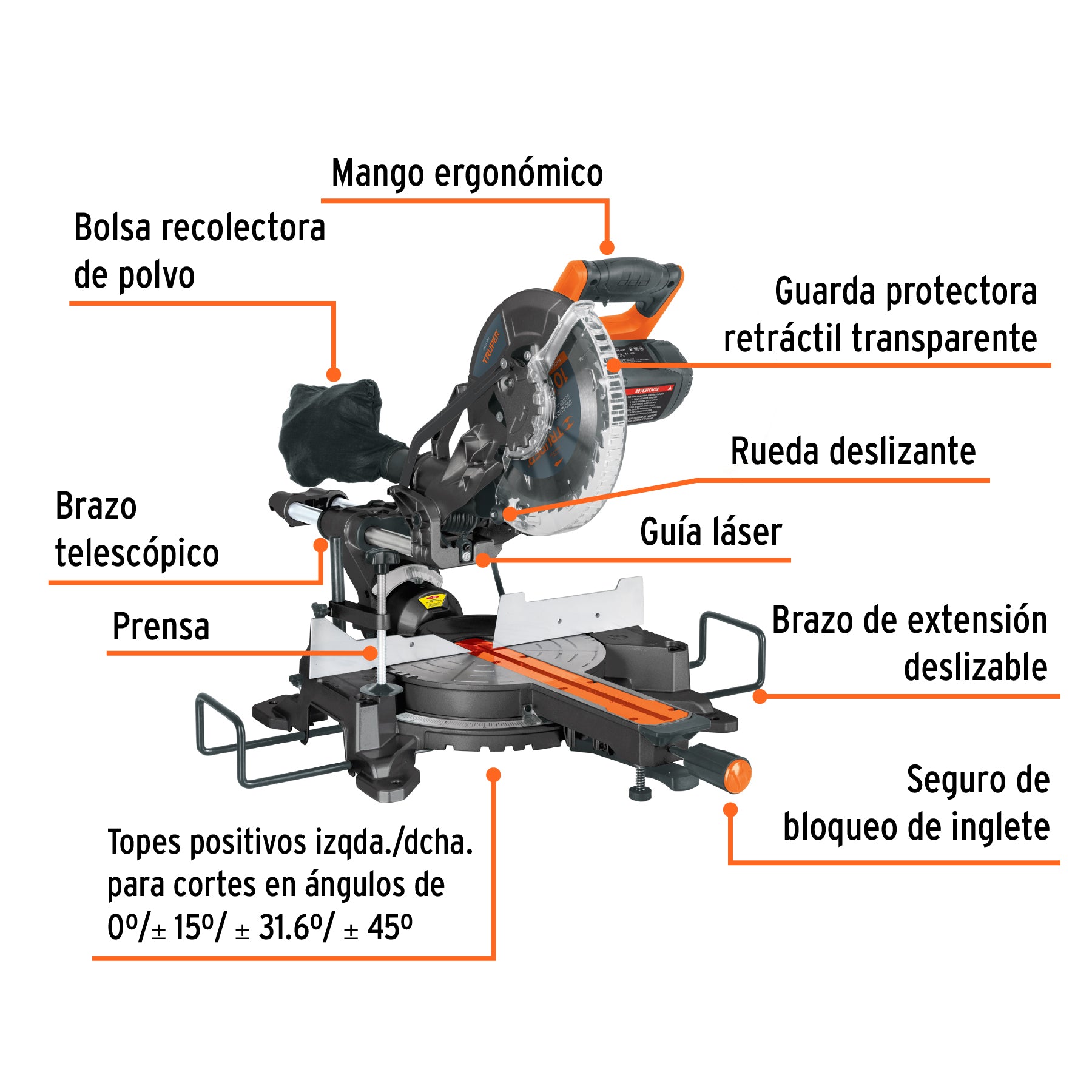 Sierra de inglete 10", 1900W telescópica compuesta, TRUPER