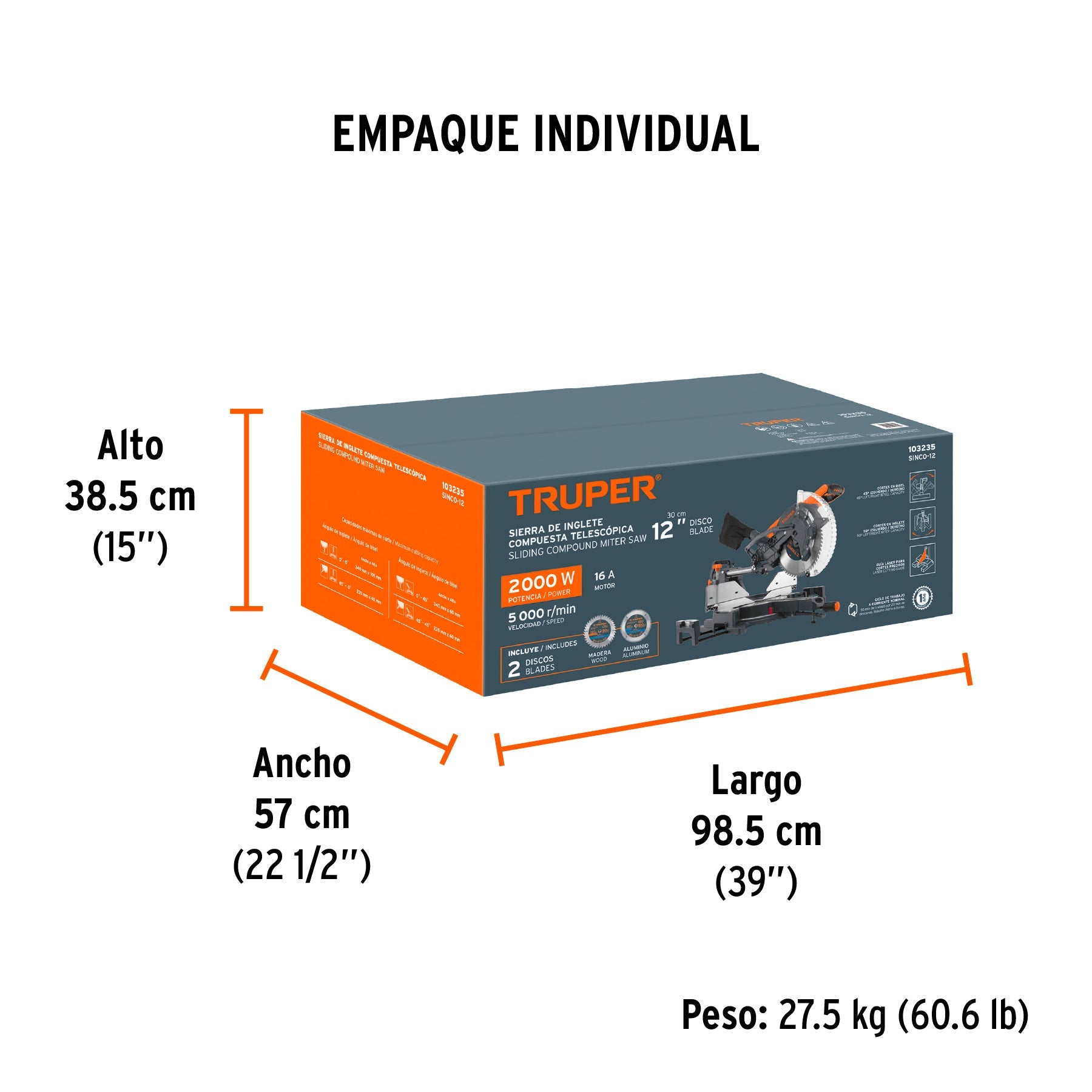 Sierra de inglete 12", 2000W telescópica compuesta, TRUPER - Empaque
