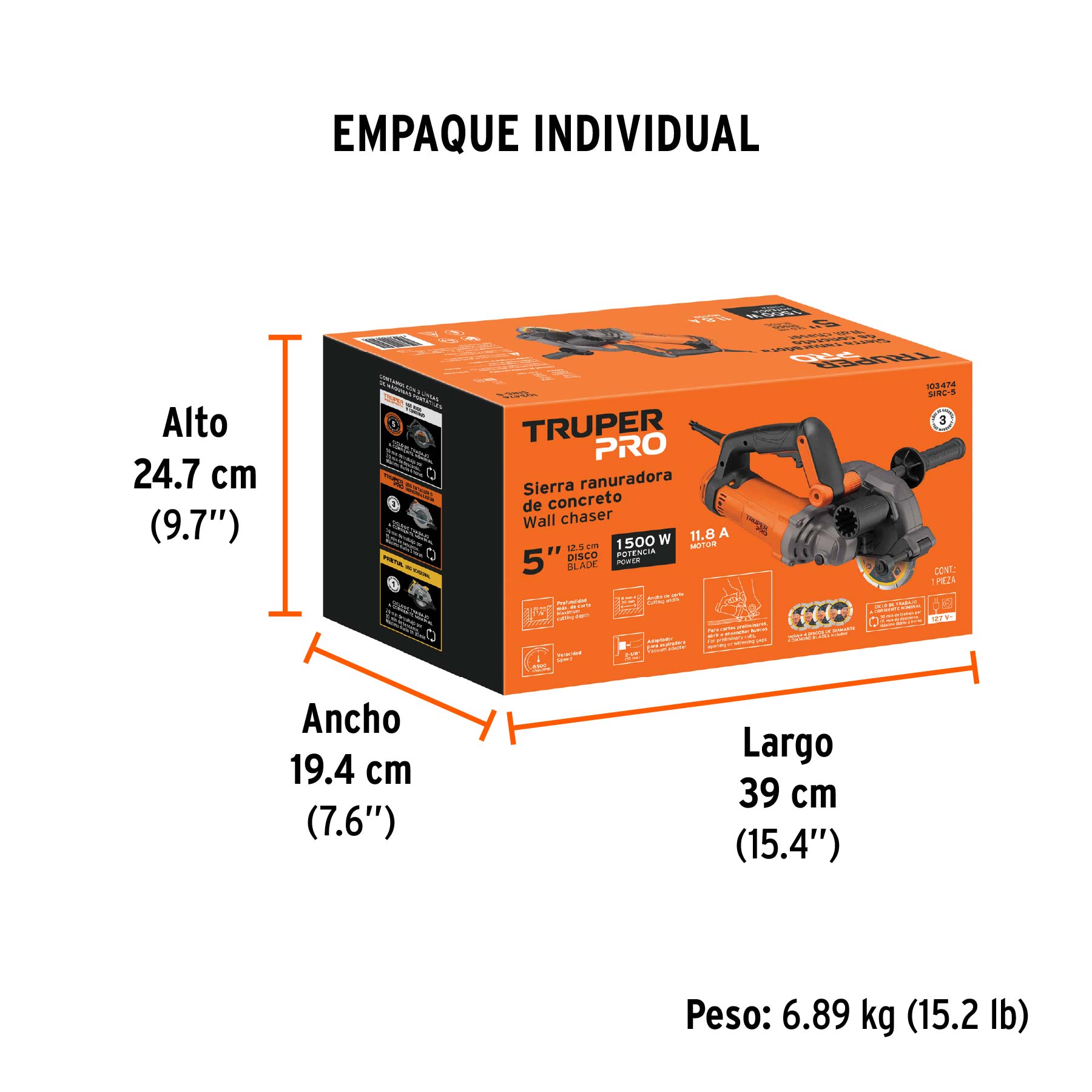 Sierra ranuradora de concreto 5", 1500 W, TRUPER PRO - Empaque