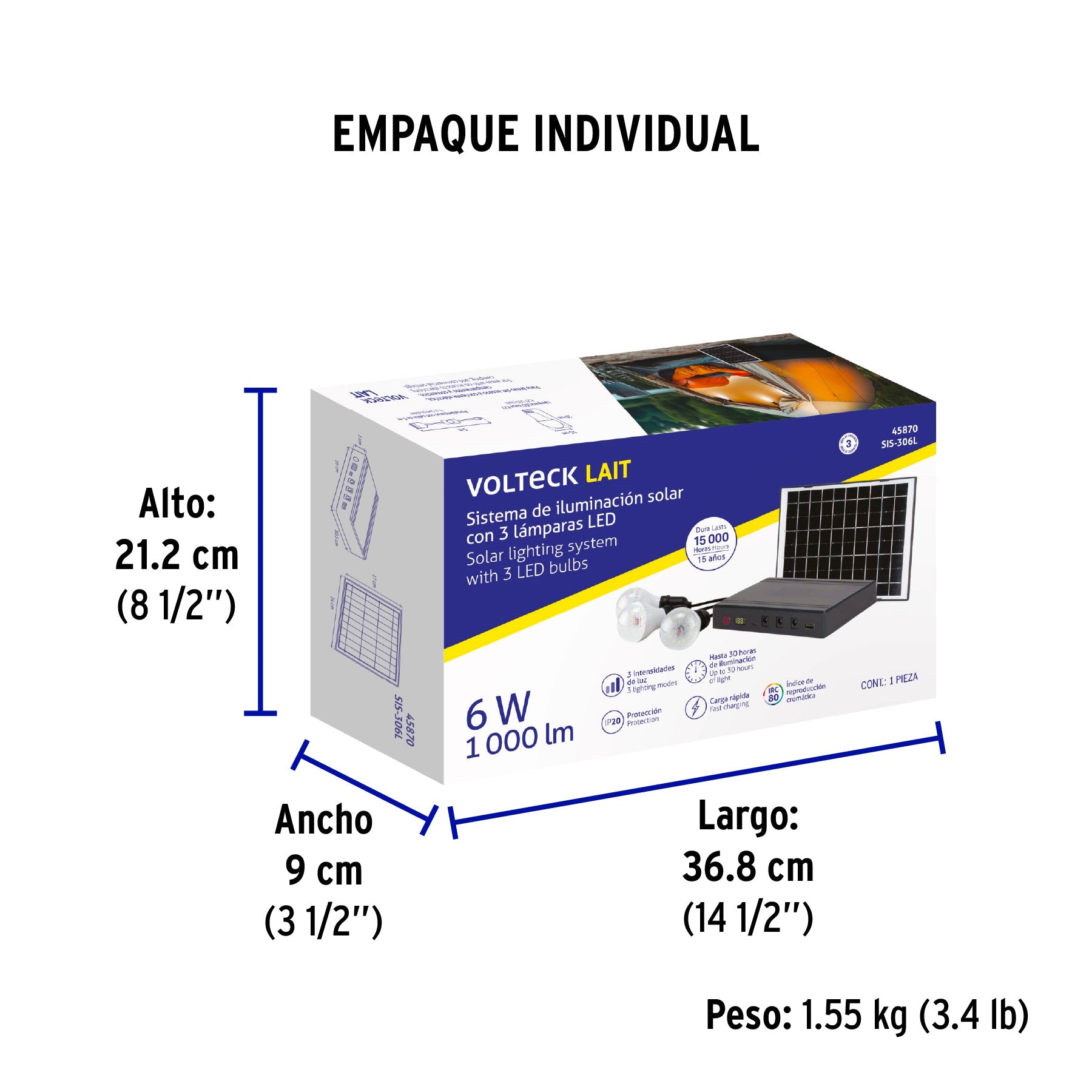 Sistema de iluminación Solar 6 W con 3 lámparas LED, VOLTECK - Empaque