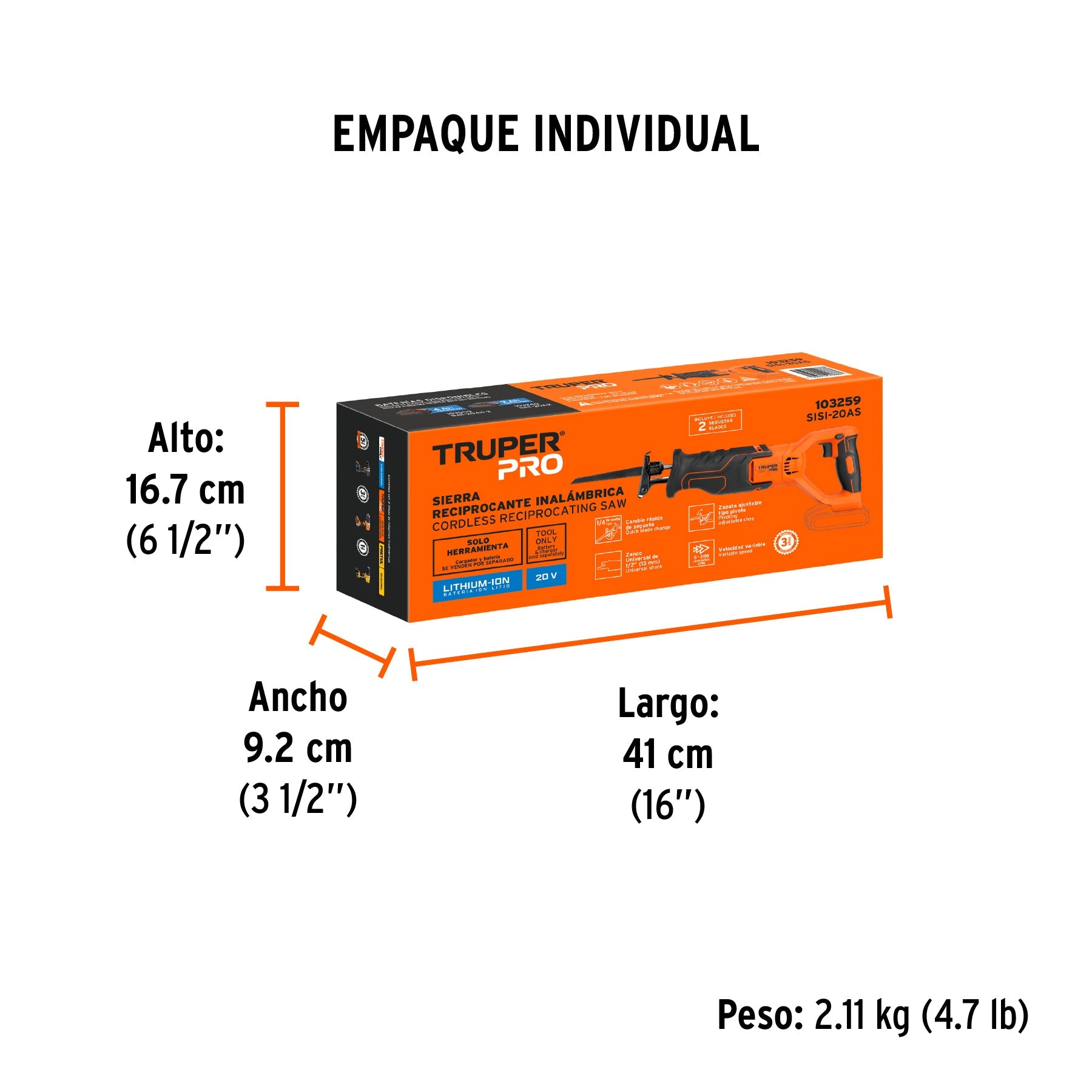 Sierra sable, 20V, sin accesorios, TRUPER PRO - Empaque