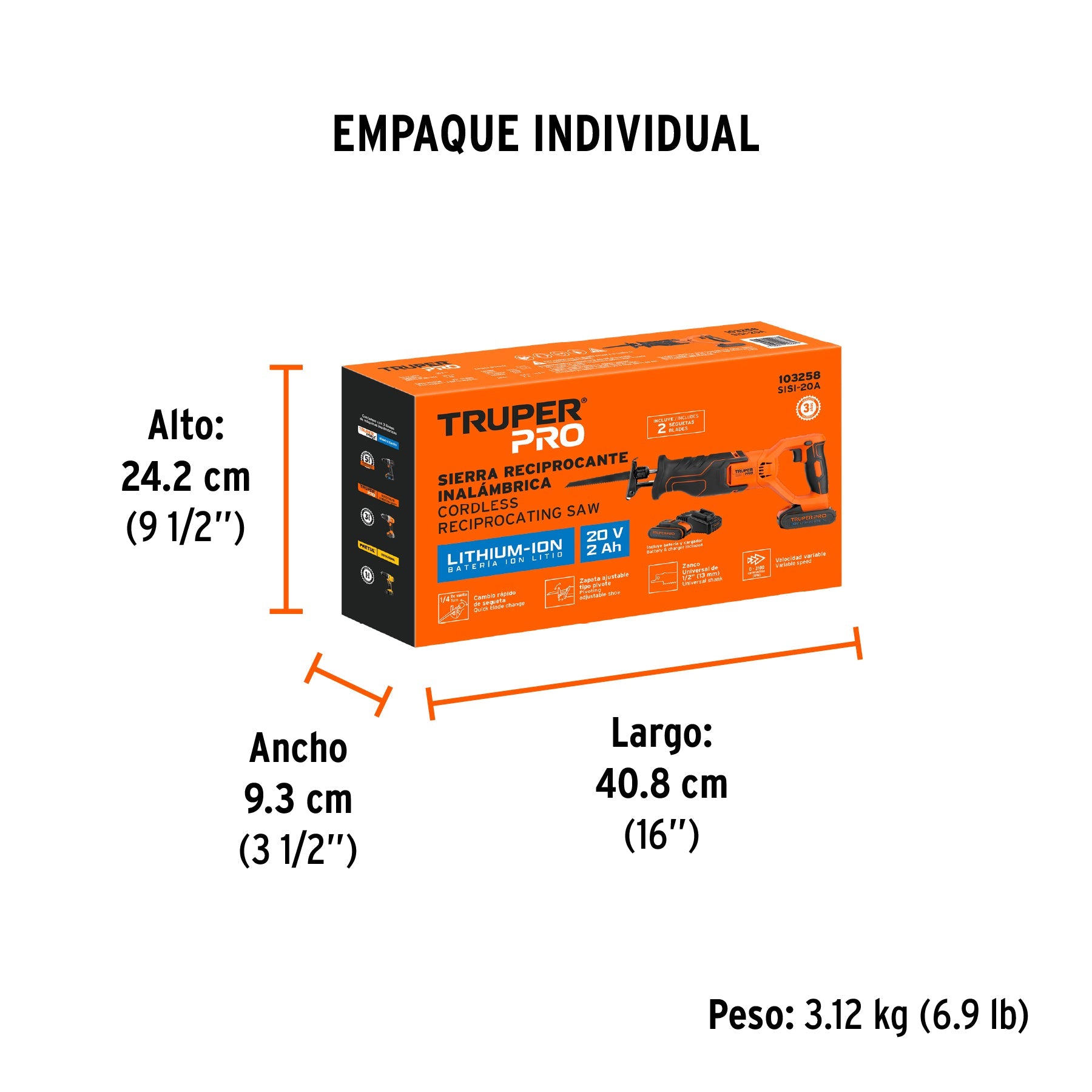 Sierra sable, 20V, 1 batería 2Ah, TRUPER PRO - Empaque