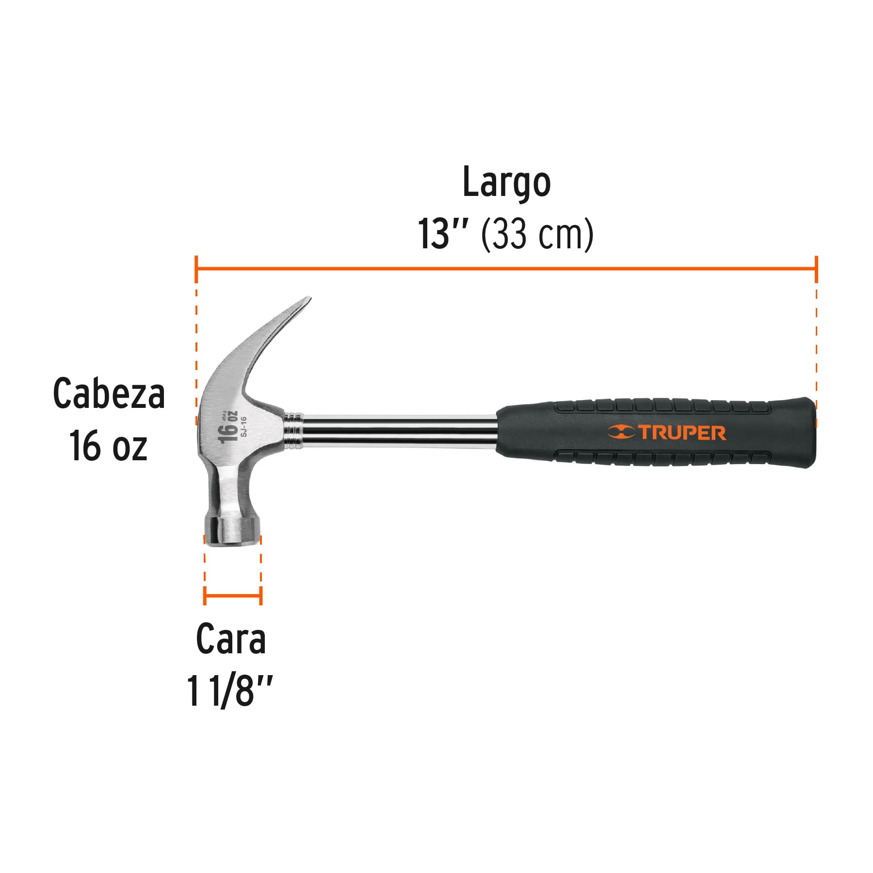 Martillo pulido 16 oz uña curva, mango tubular c/neopreno