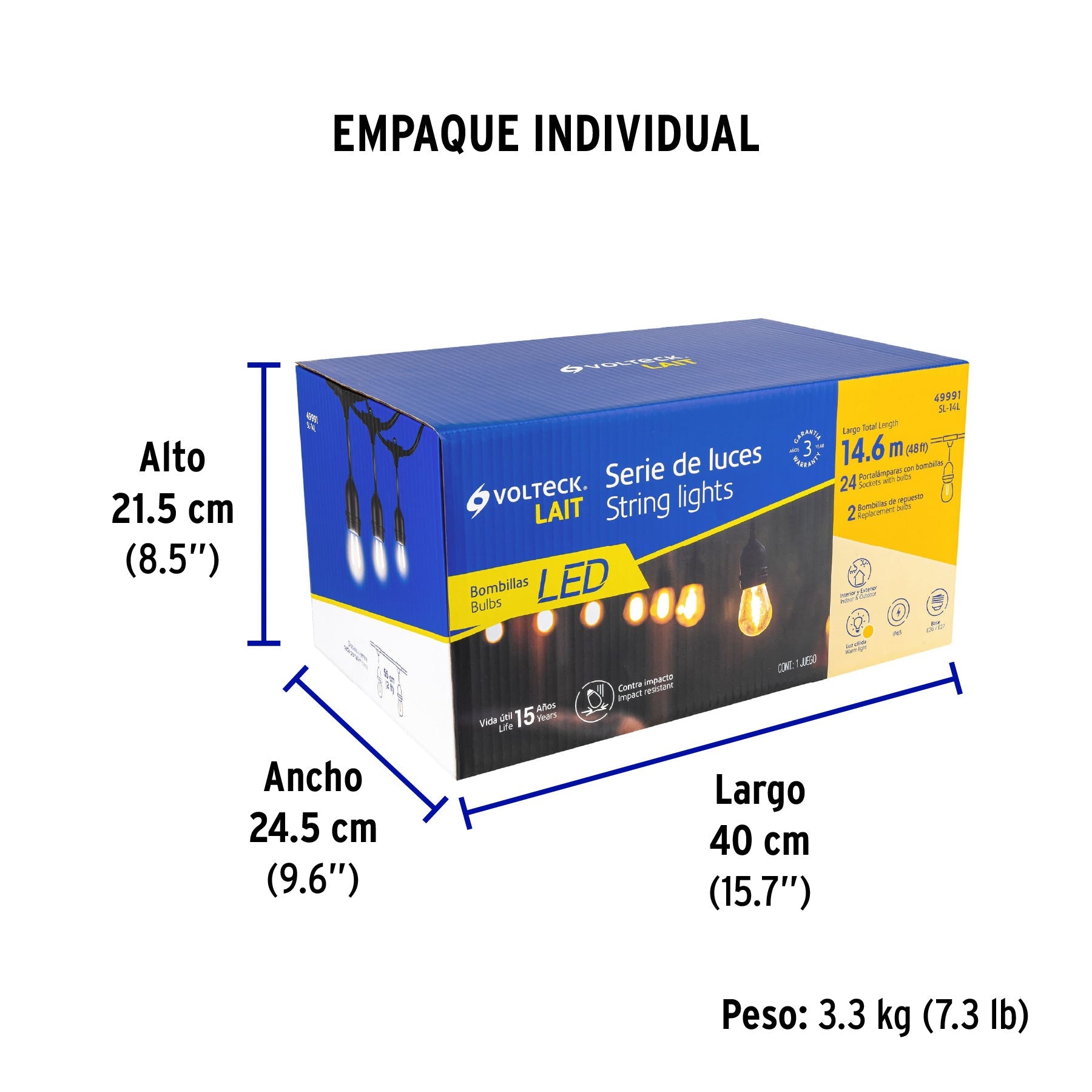 Serie de 14.6 m con 24 luces de LED para exterior, VOLTECK - Empaque