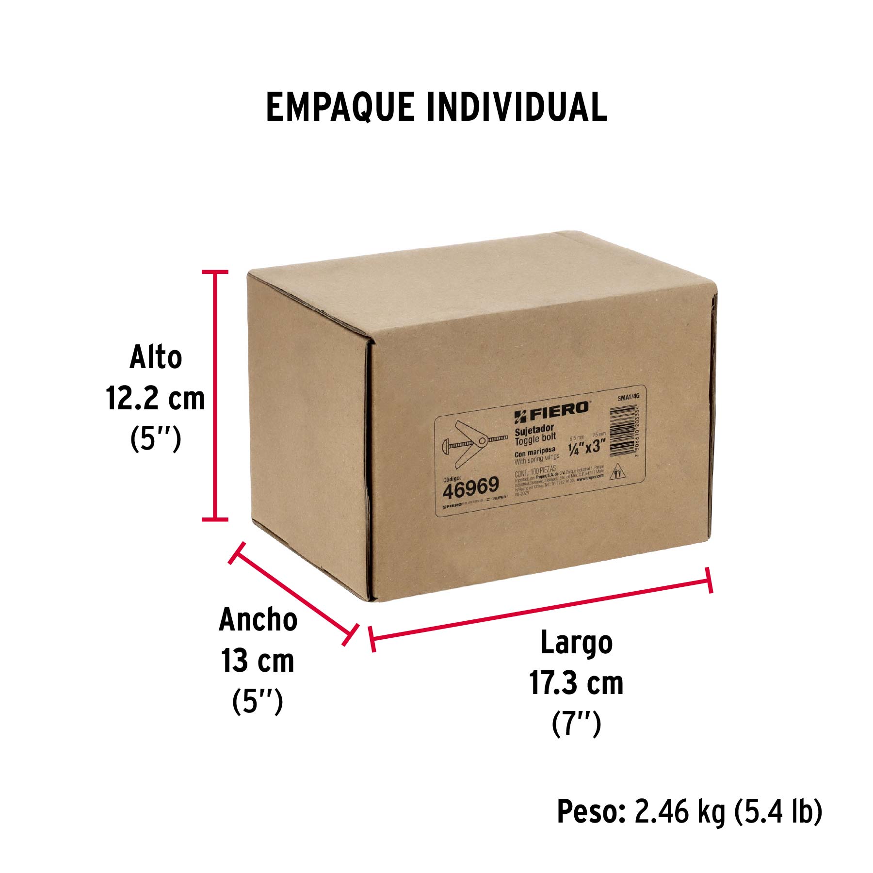 Caja con 100 sujetadores tipo mariposa de 1/4" x 3", FIERO - Empaque