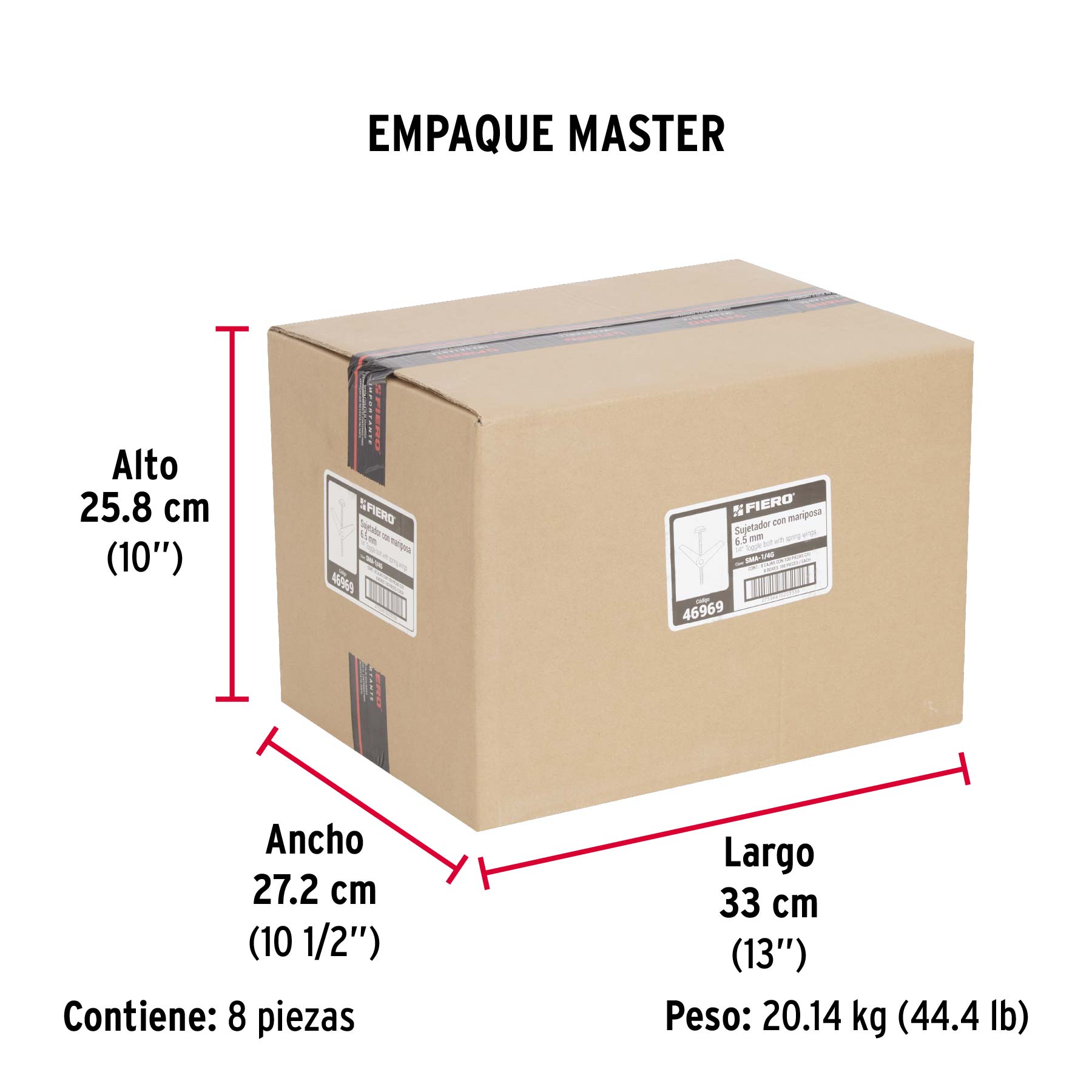 Caja con 100 sujetadores tipo mariposa de 1/4" x 3", FIERO - Empaque