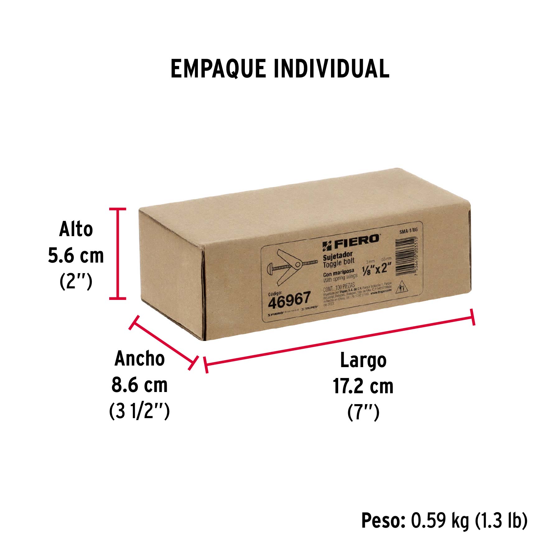 Caja con 100 sujetadores tipo mariposa de 1/8" x 2", FIERO - Empaque