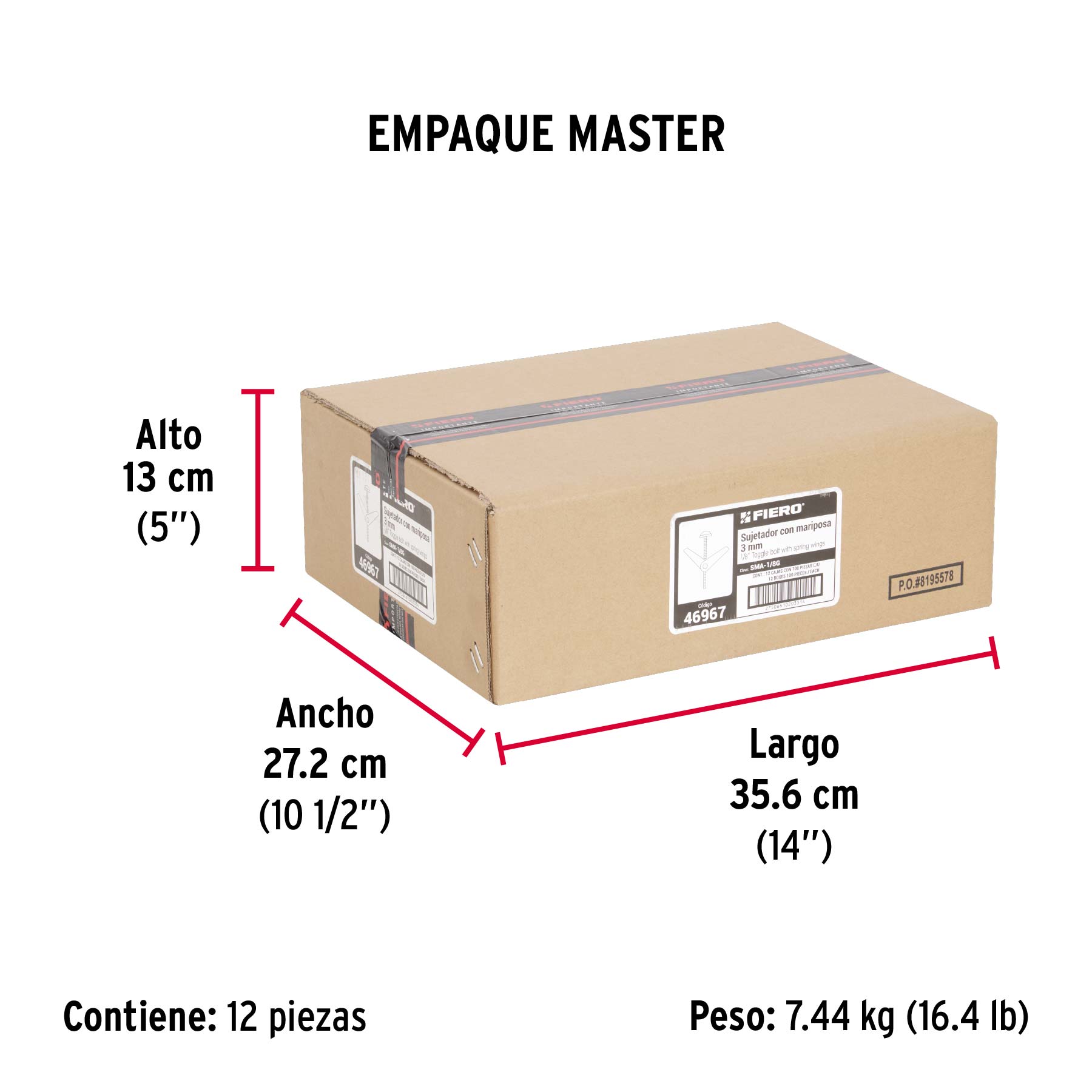 Caja con 100 sujetadores tipo mariposa de 1/8" x 2", FIERO - Empaque