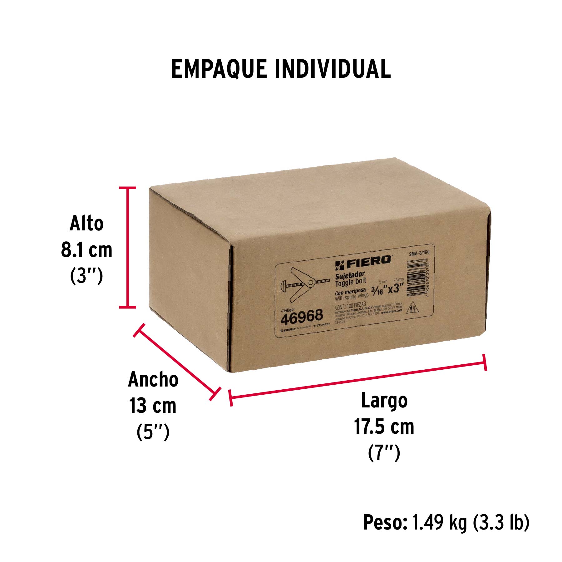 Caja con 100 sujetadores tipo mariposa de 3/16" x 3", FIERO - Empaque
