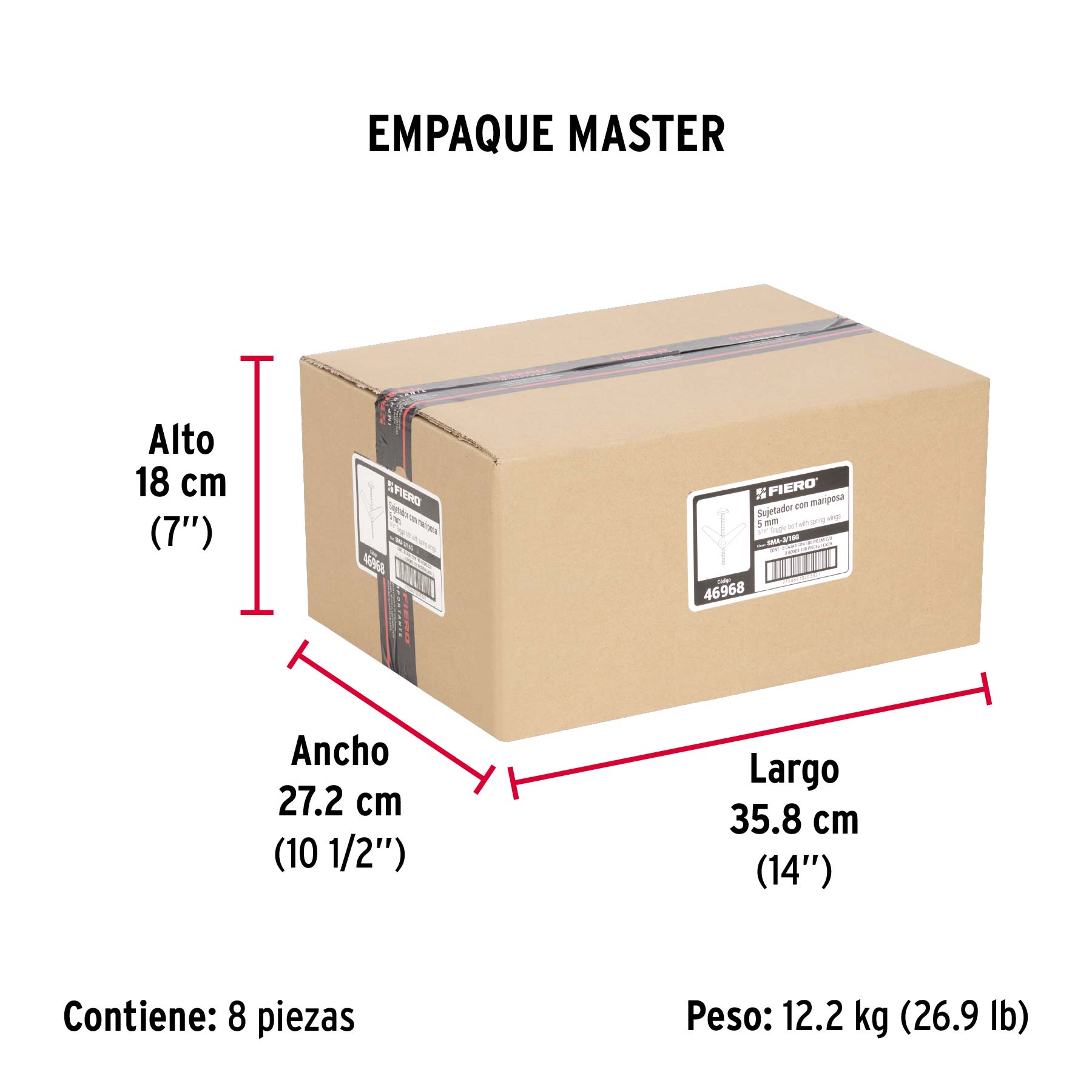 Caja con 100 sujetadores tipo mariposa de 3/16" x 3", FIERO - Empaque