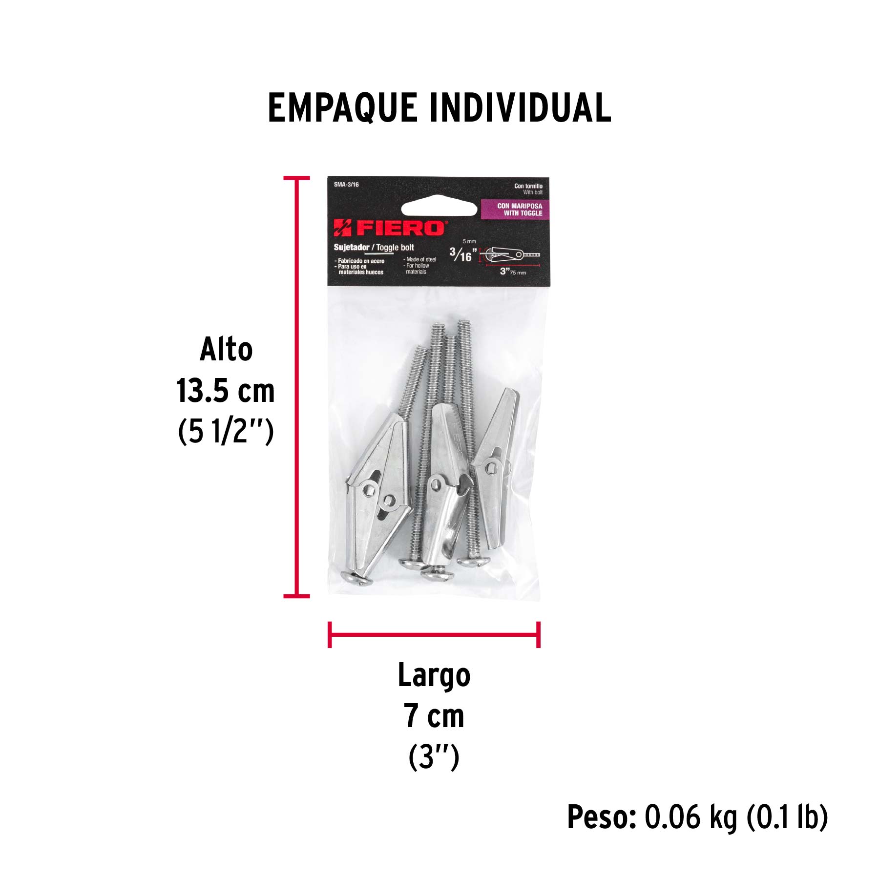 Bolsa con 4 sujetadores tipo mariposa de 3/16" x 3", FIERO - Empaque