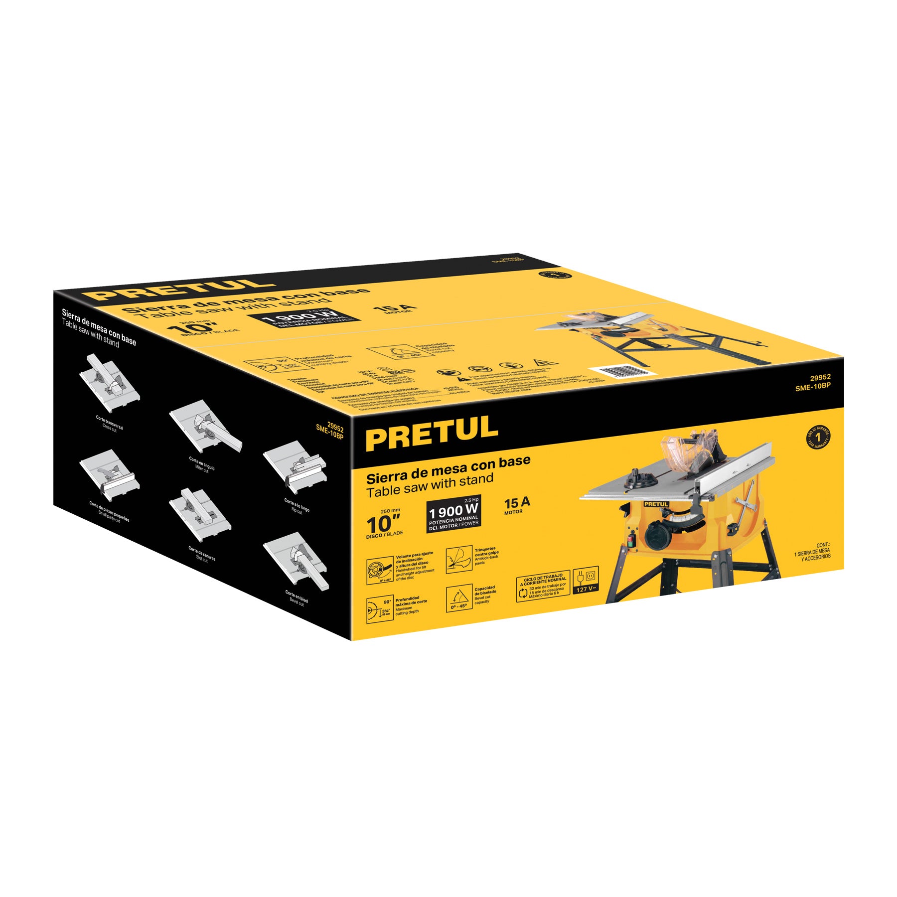Sierra de mesa 10", 2-1/2 HP (1900 W), con base, PRETUL